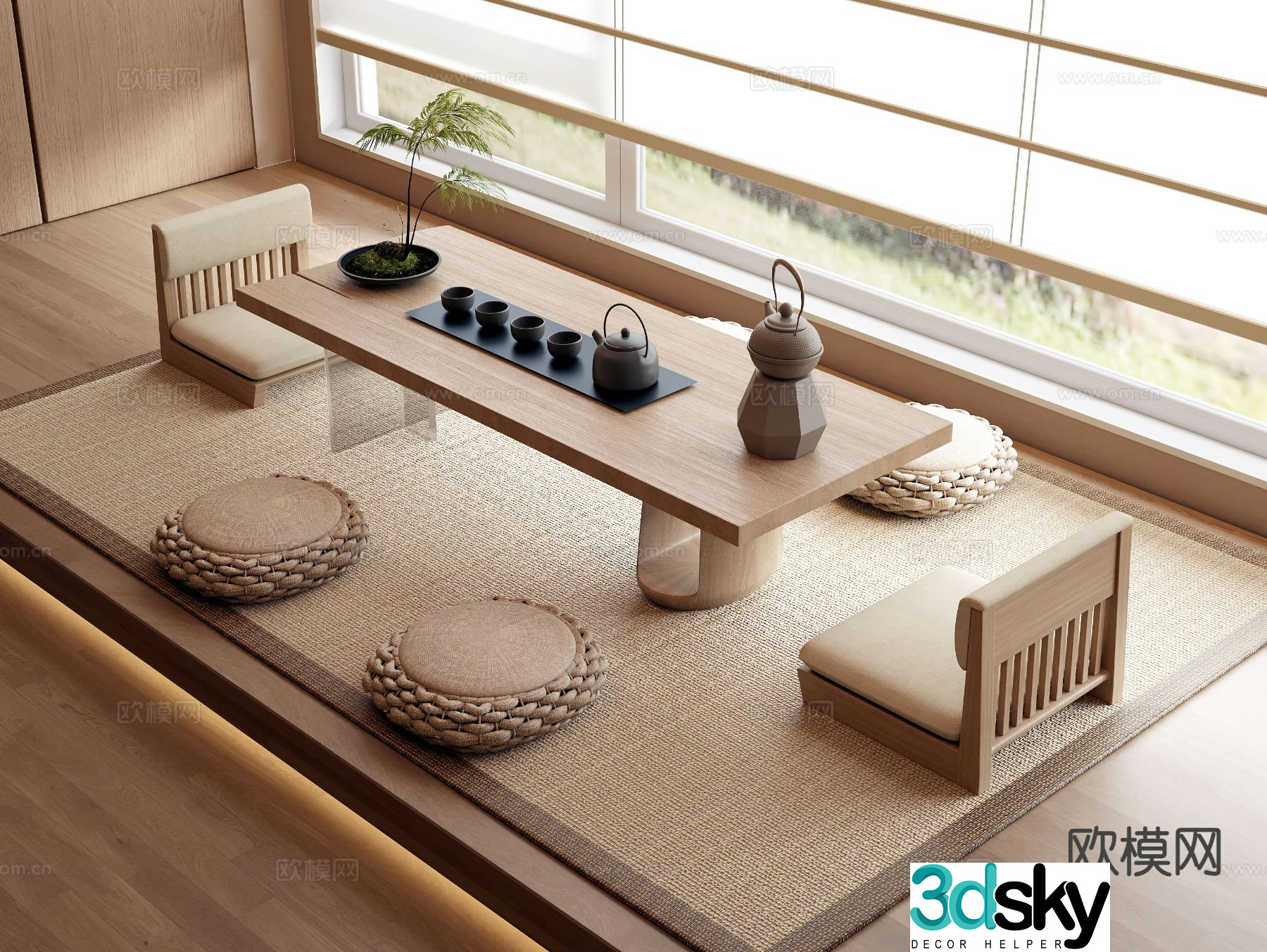 Japanese tea table solid wood tea table tatami 3d model
