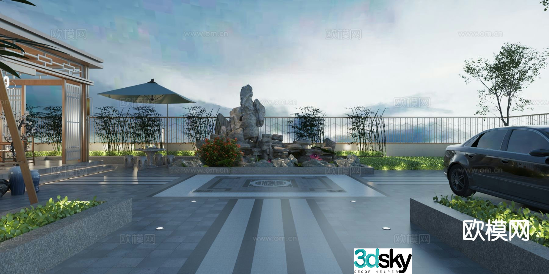 Courtyard landscape roof garden night view 3d model