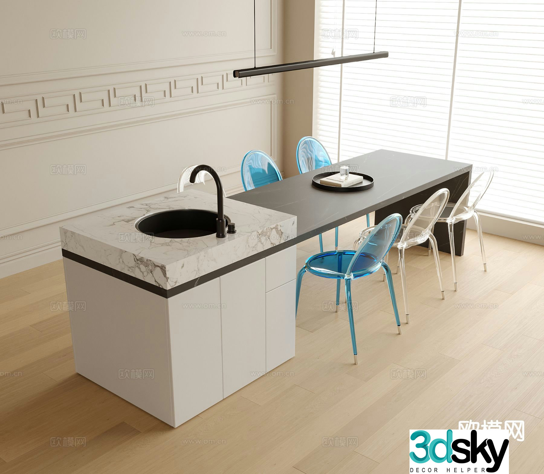 Modern dining table and chairs island table acrylic chair 3d model