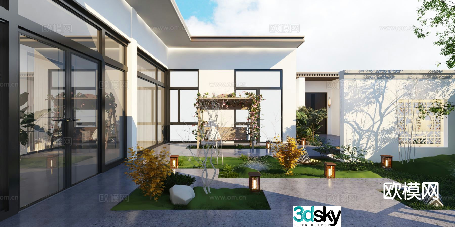 New Chinese style courtyard landscape villa landscape 3D model