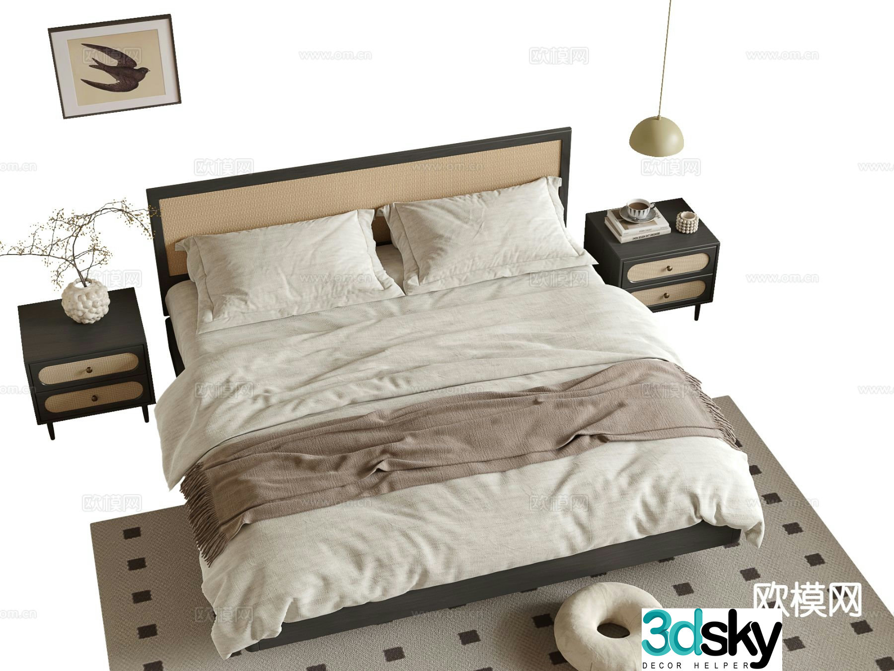 Wabi-sabi style double bed 3d model