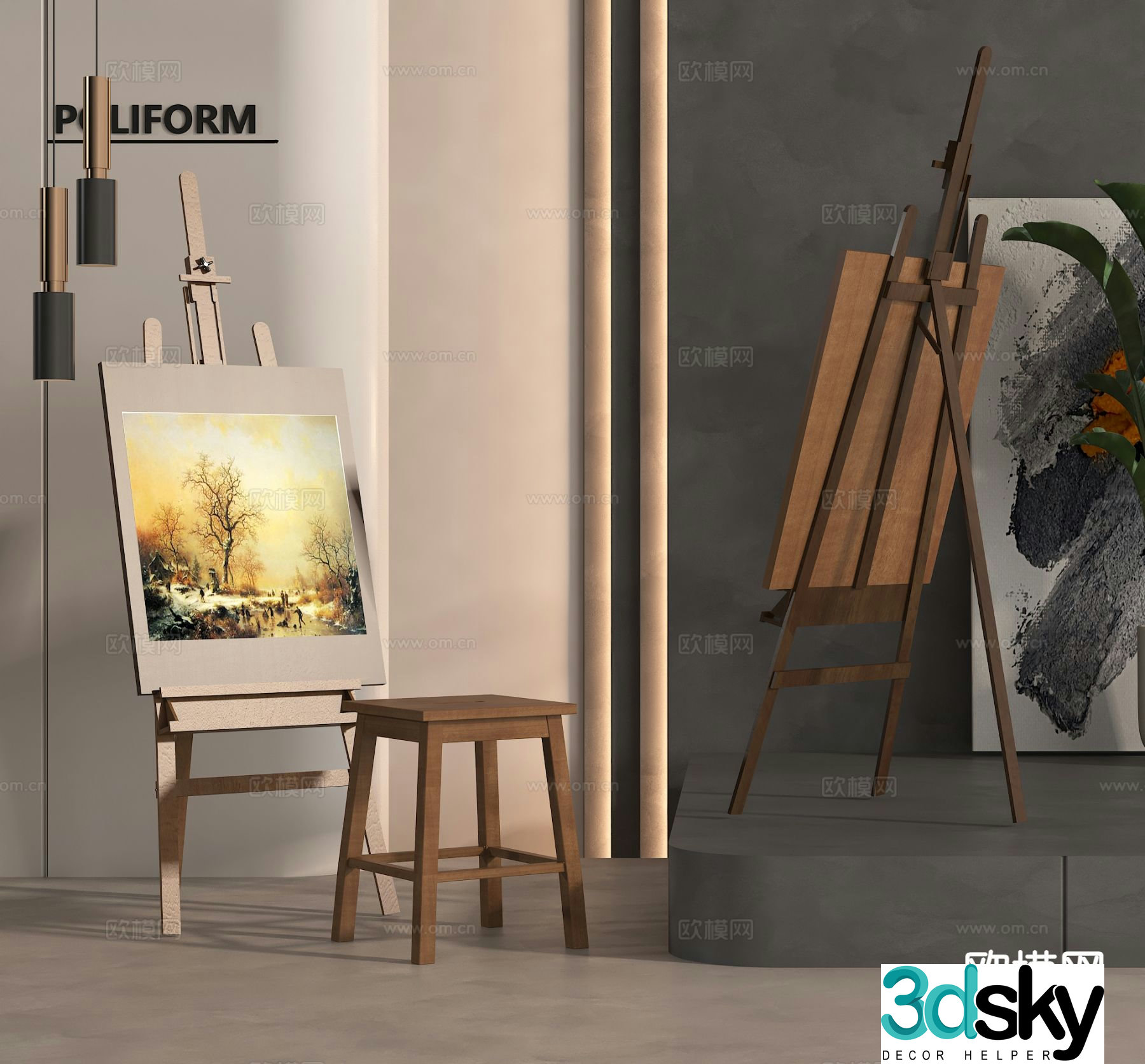 Modern easel painting tools drawing board 3d model