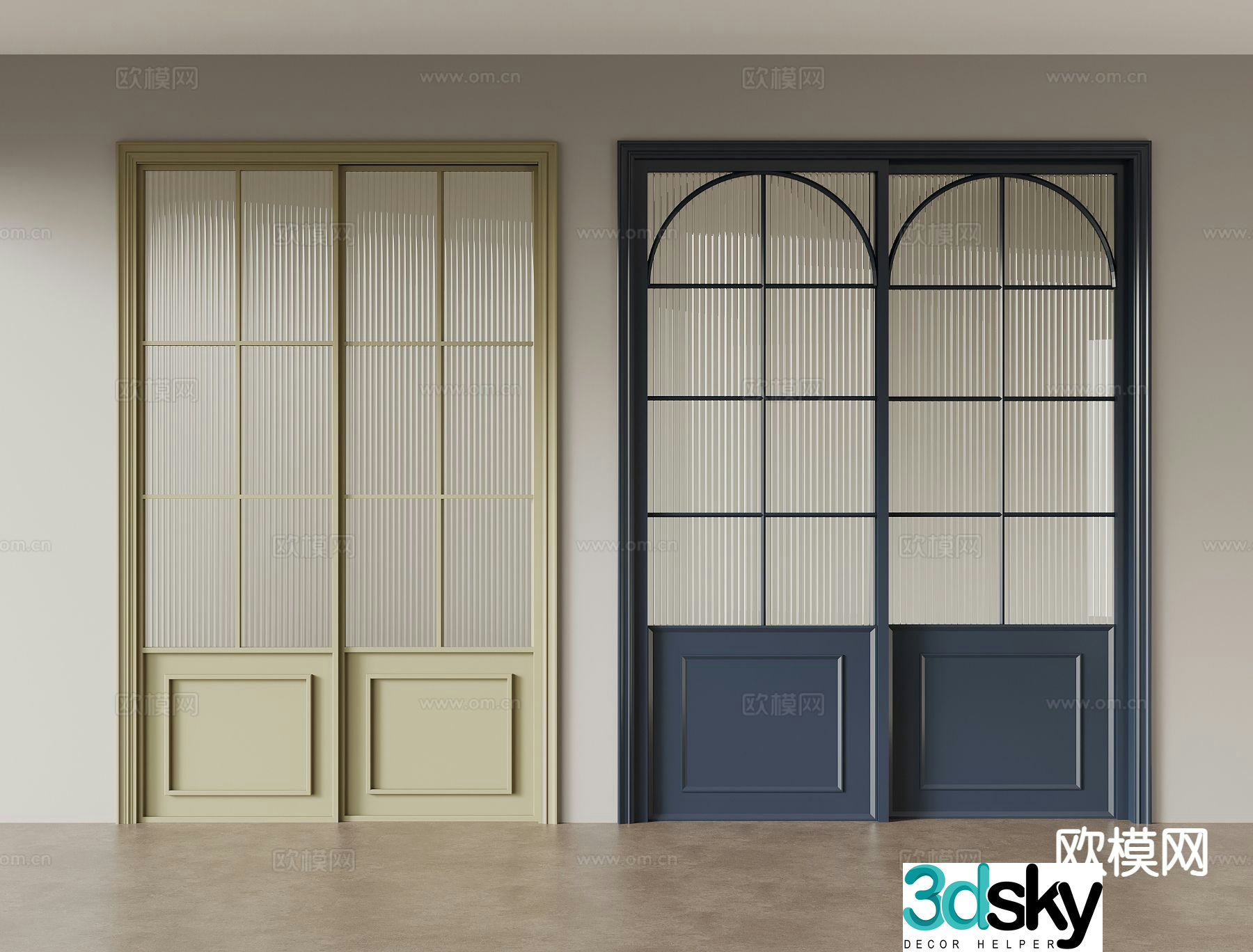 French retro door sliding door glass door 3d model