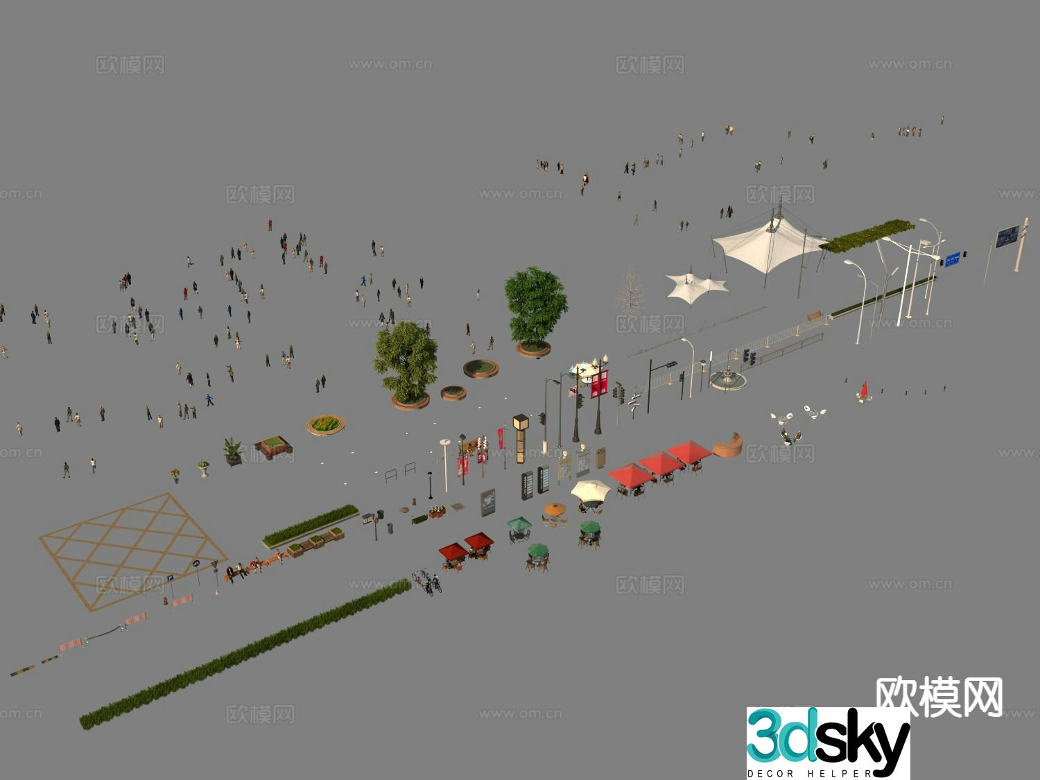 Modern landscape sketch flower bed people trees parasols street lights shrubs 3D model
