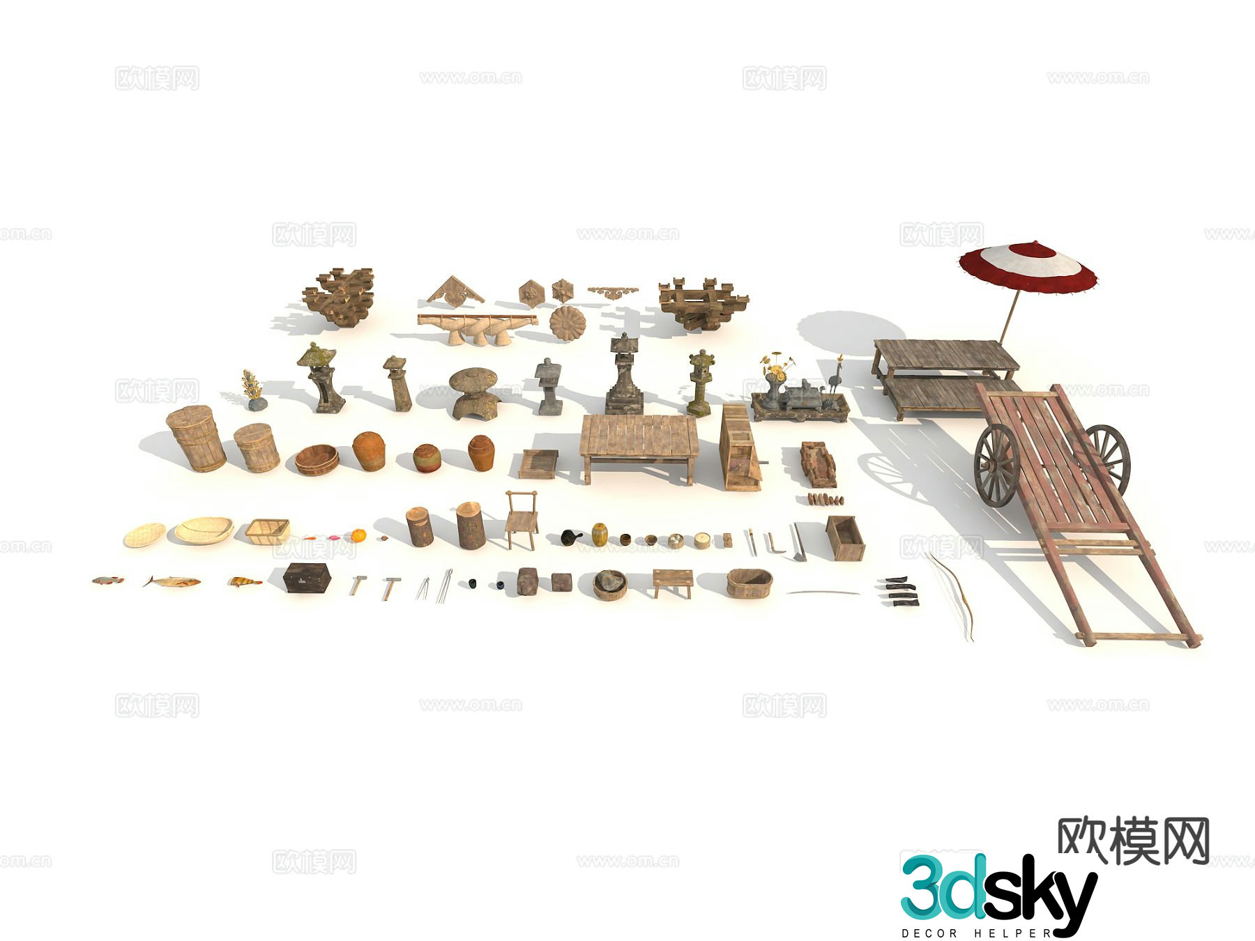 Folk sketches agricultural tools and ornaments 3D model of trolley