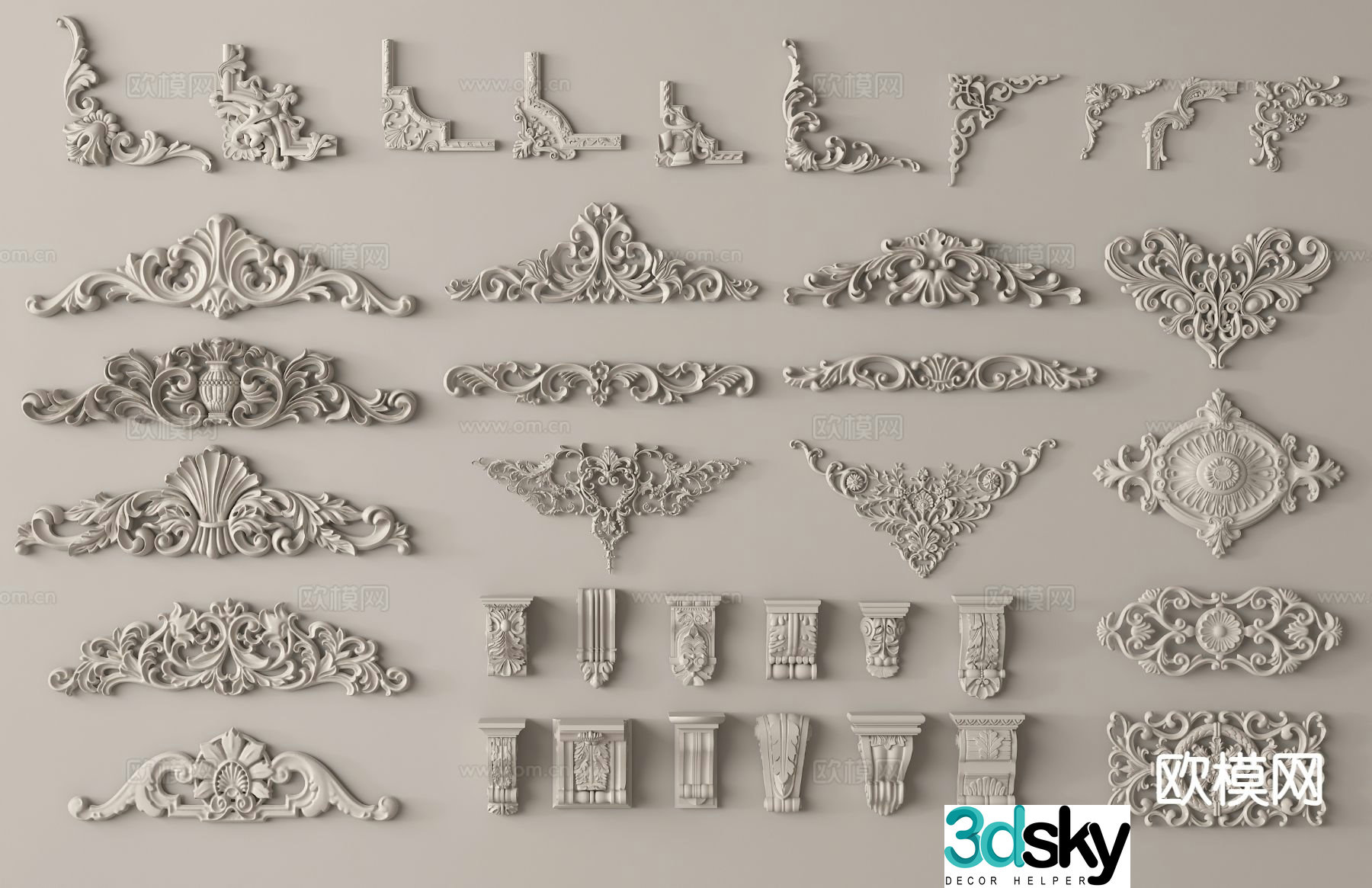 French gypsum line gypsum components carving corner flowers lamp plate 3d model
