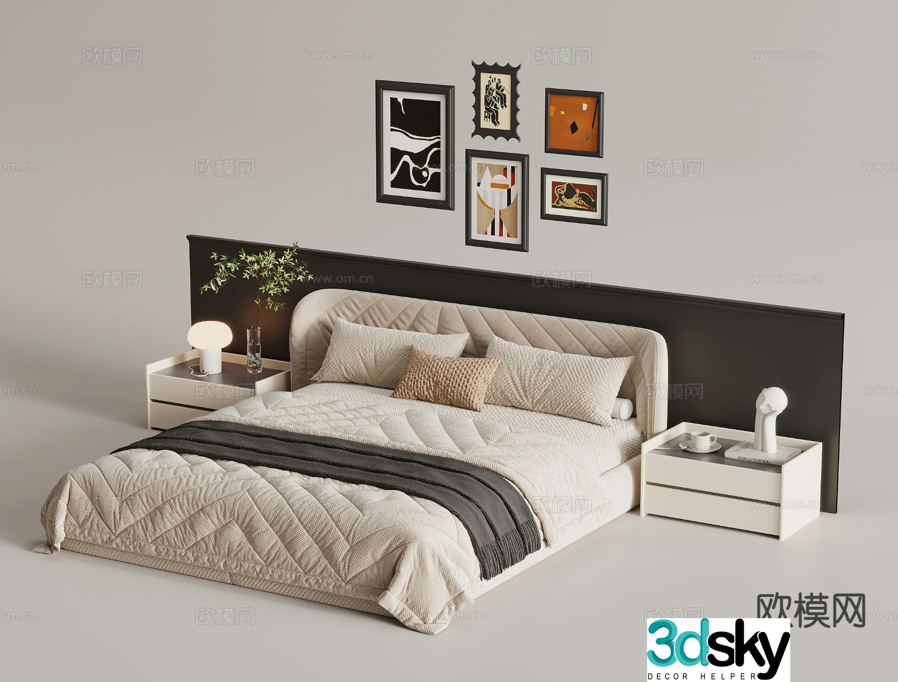 French double bed bedside table 3d model