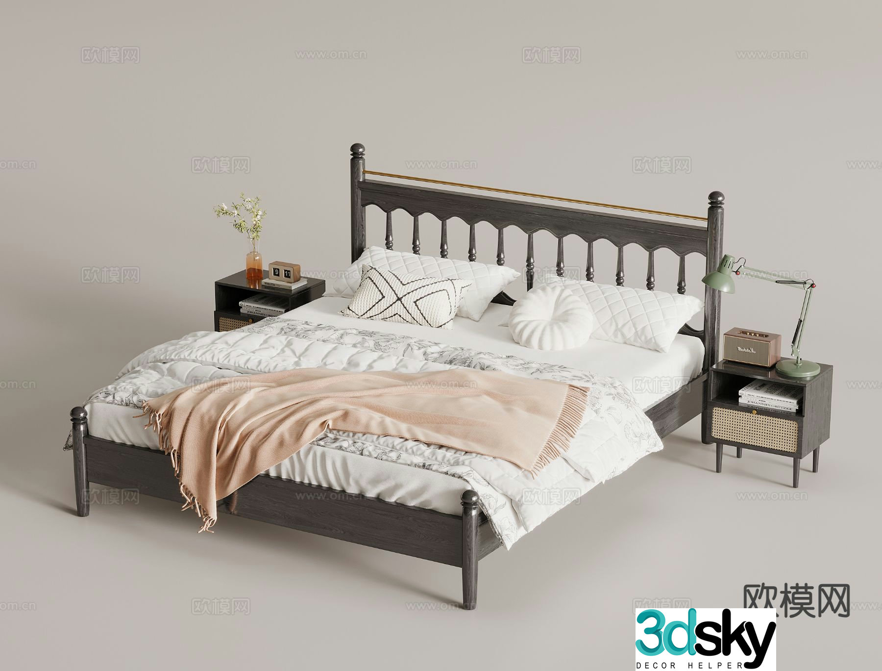 French double bed bedside table 3d model