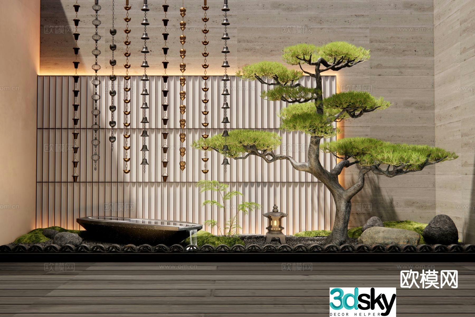 New Chinese style courtyard sketch flowing water sketch 3D model