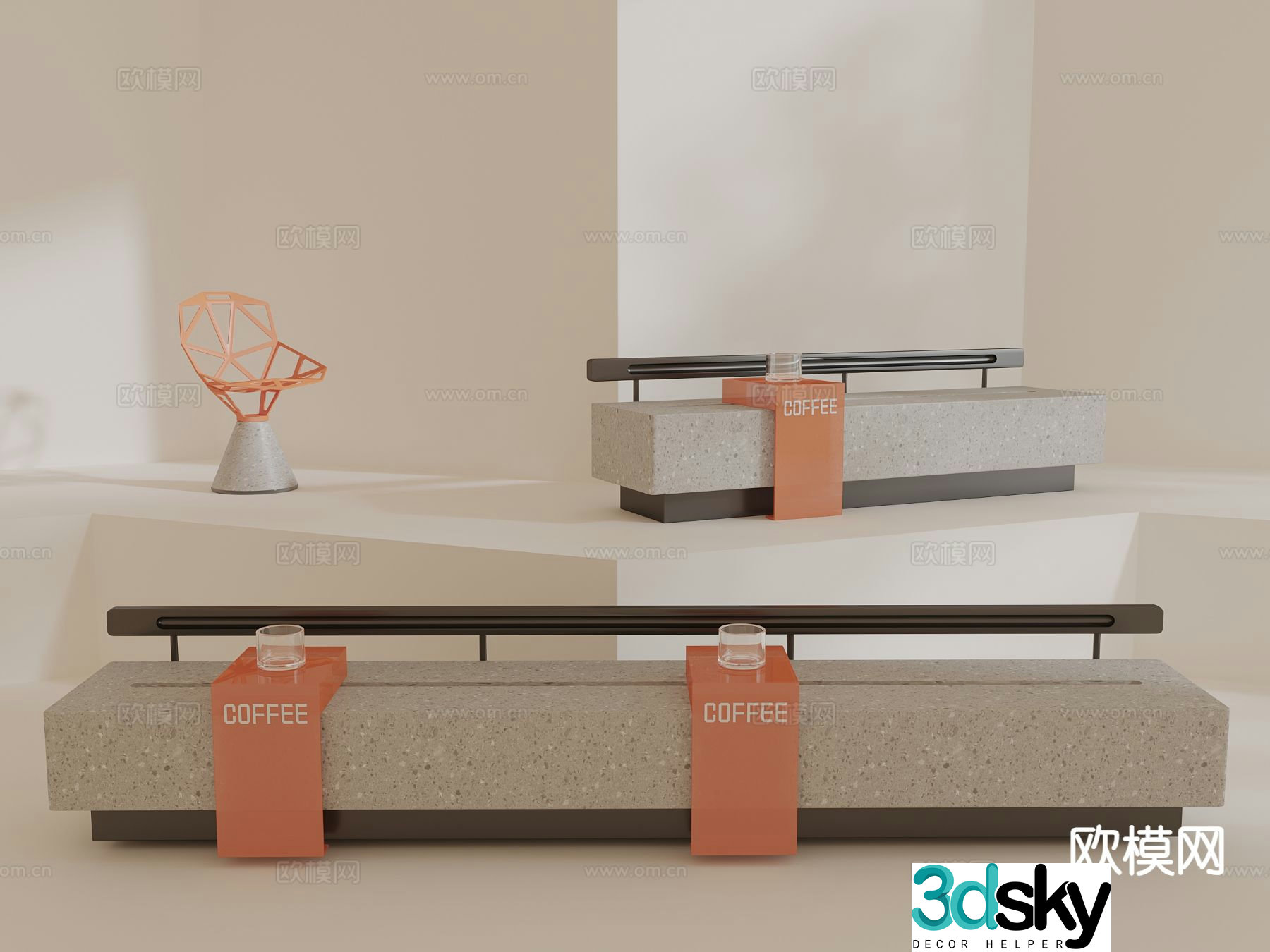 Cafe bench milk tea shop booth outdoor bench 3D model