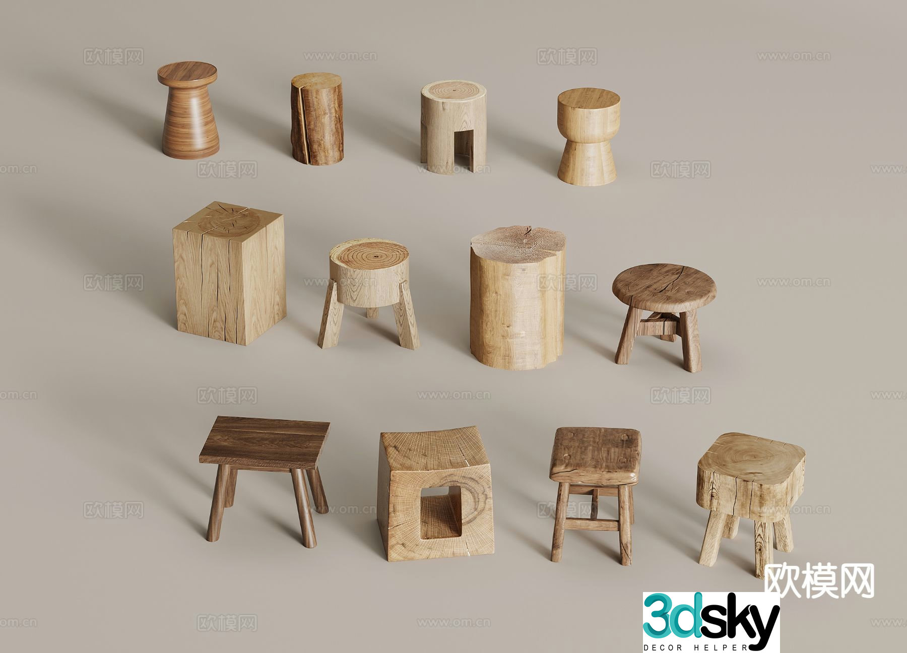 Wabi-sabi style stool wooden stool round stool 3d model