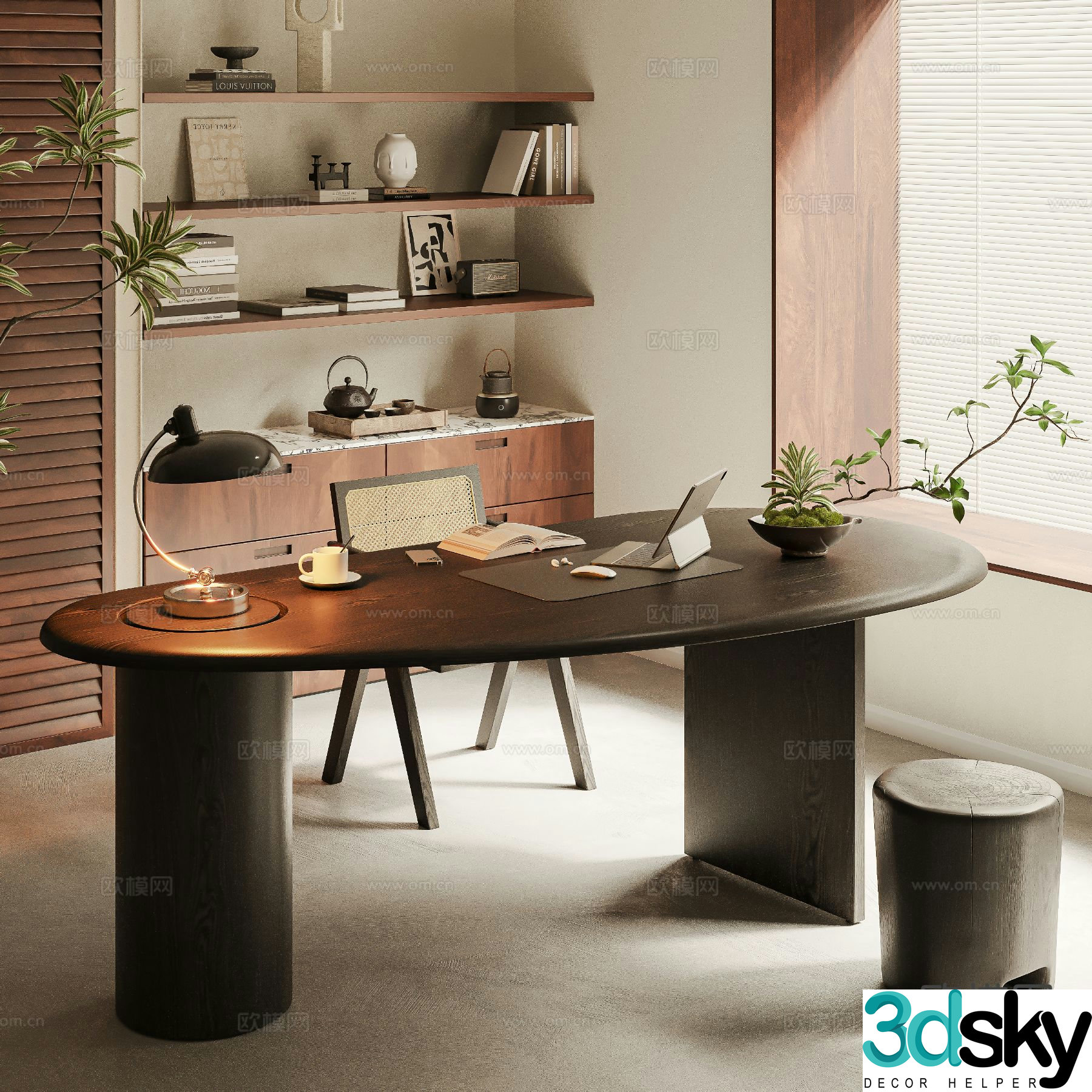Medieval style desk and chair oval desk 3d model