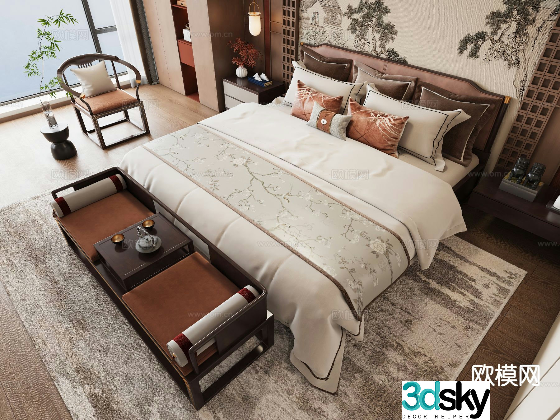 New Chinese style double bed 3d model