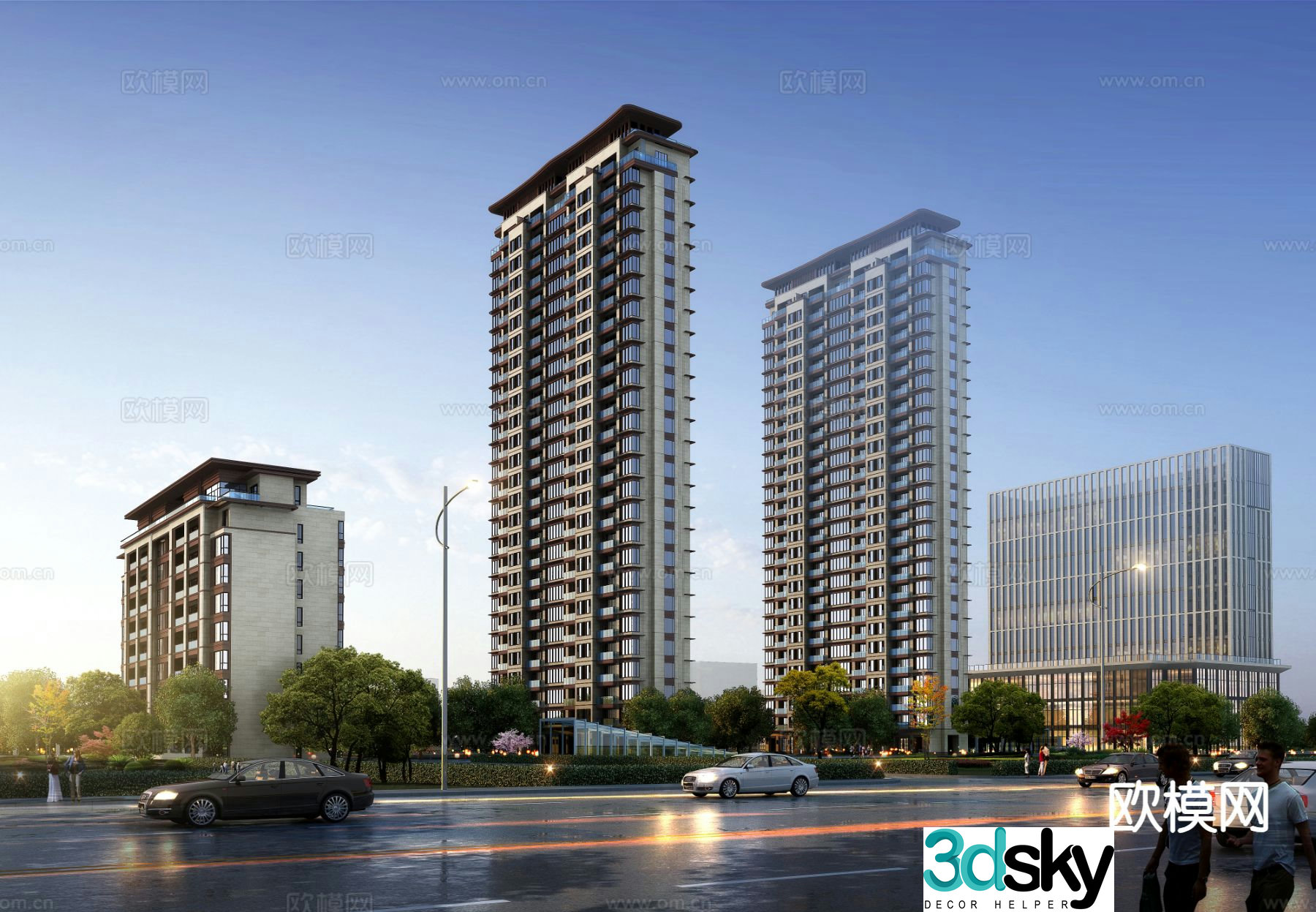 New Chinese style residential building along the street exterior 3D model