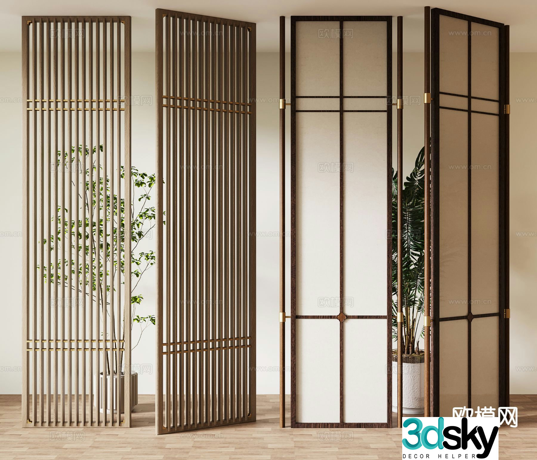 New Chinese-style solid wood partition grille 3D model