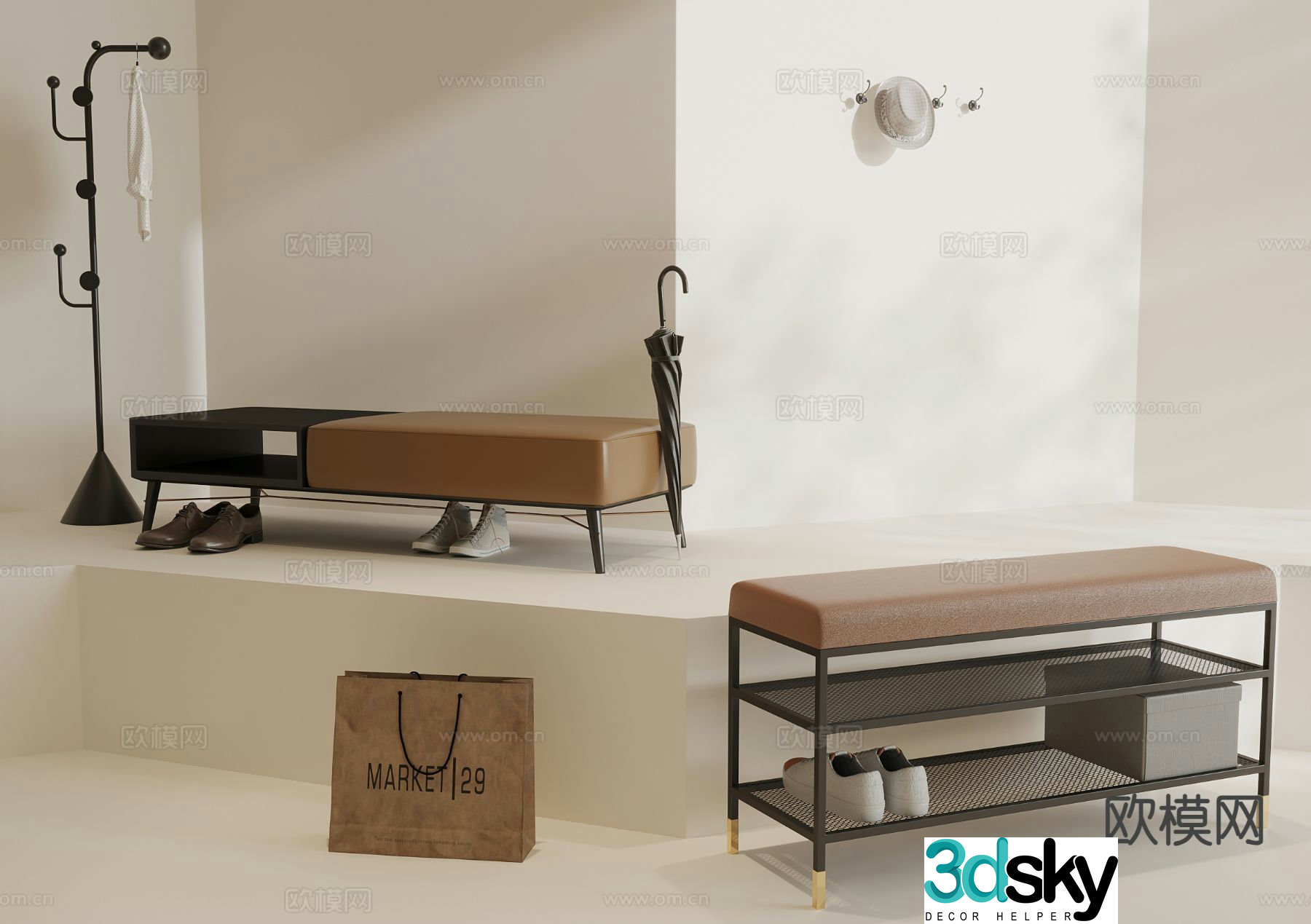 Modern bench shoe changing stool clothes hook clothes hanger 3D model
