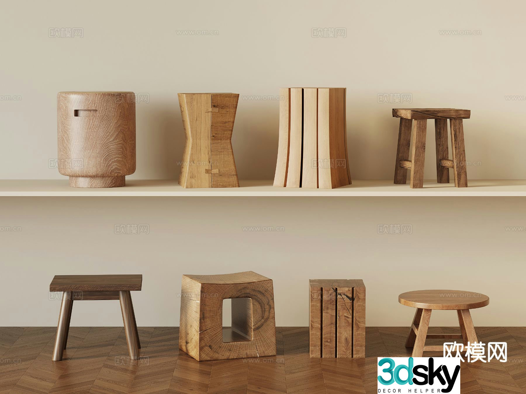 Wabi-sabi style stool wooden stool round stool wooden pier square stool 3D model
