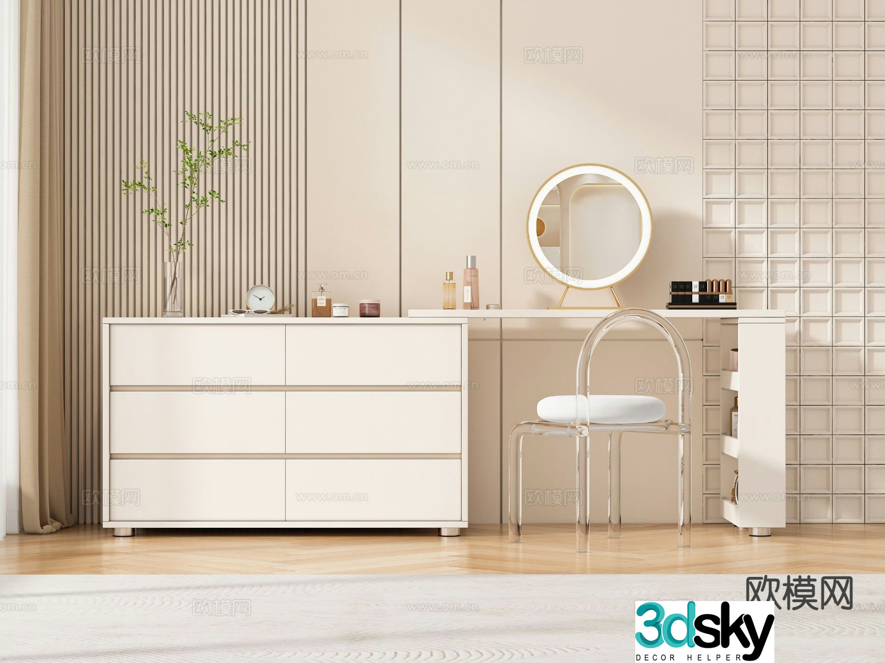 Cream style dresser storage cabinet integrated 3d model