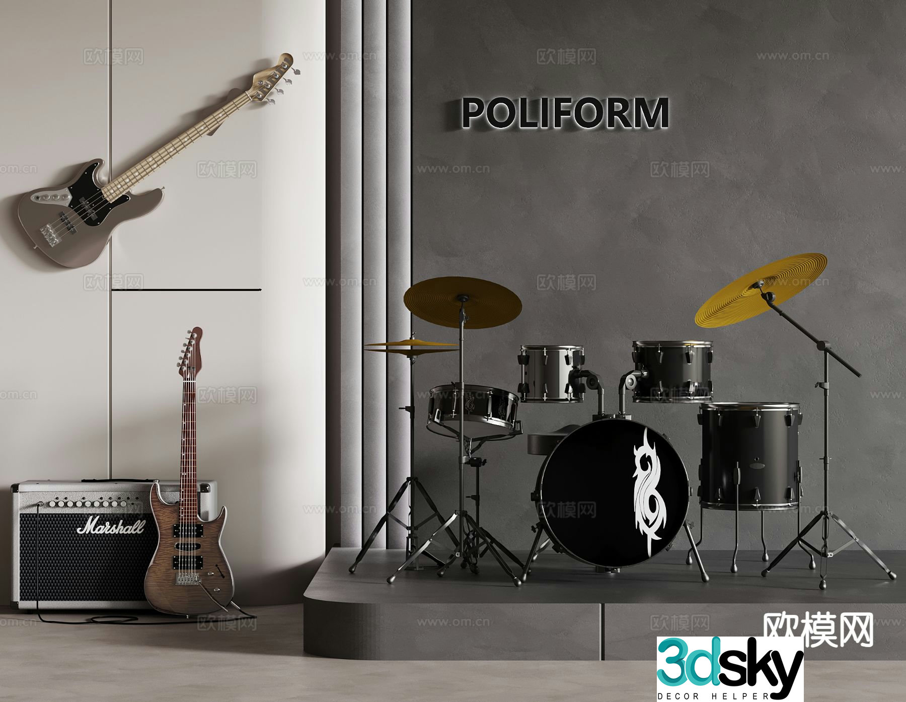 Modern musical instruments electric guitar drum set audio 3d model