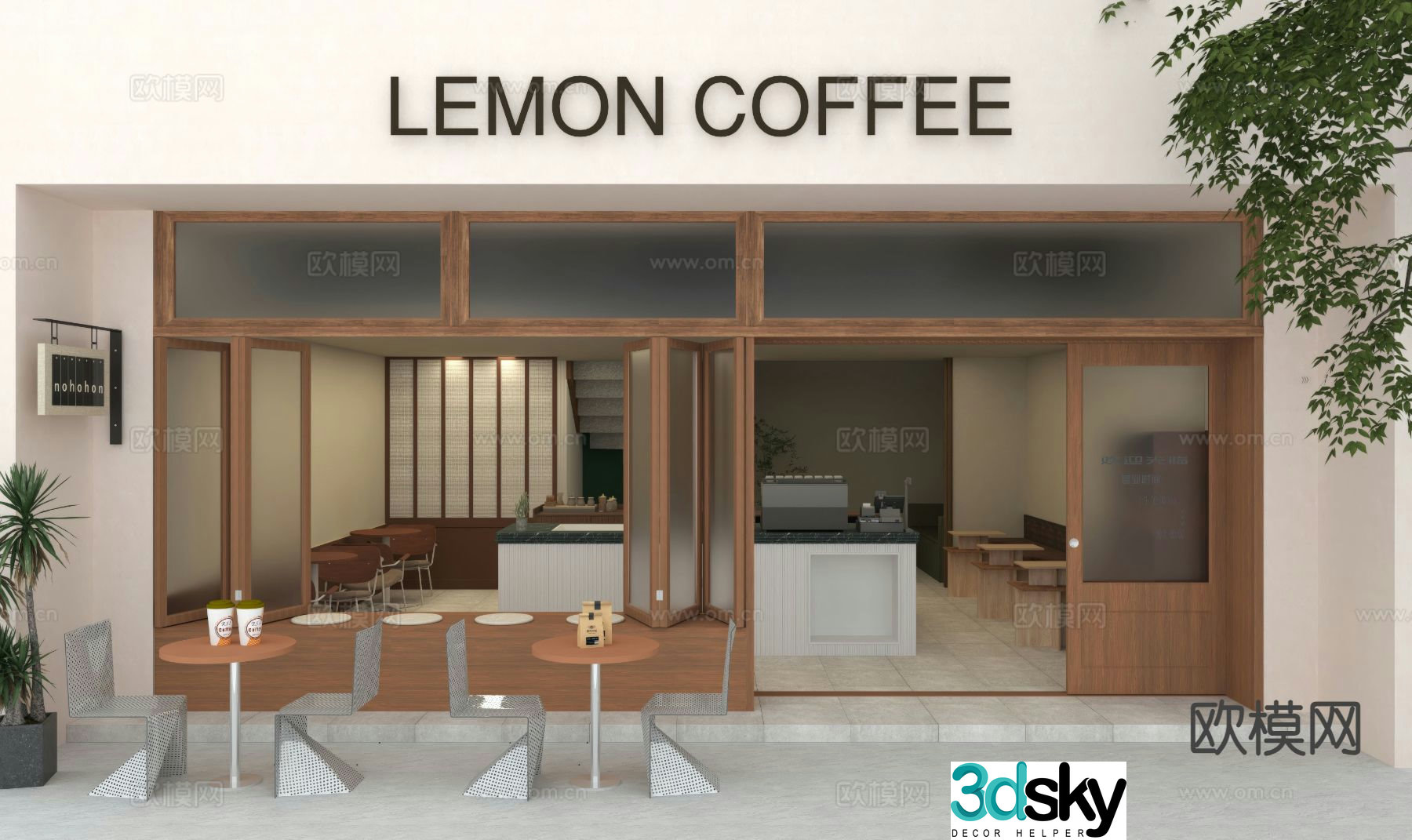 Wabi-sabi cafe front facade 3D model