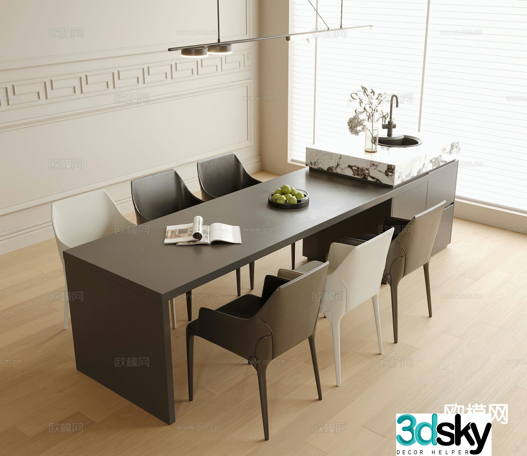 Modern island dining table and chairs 3d model