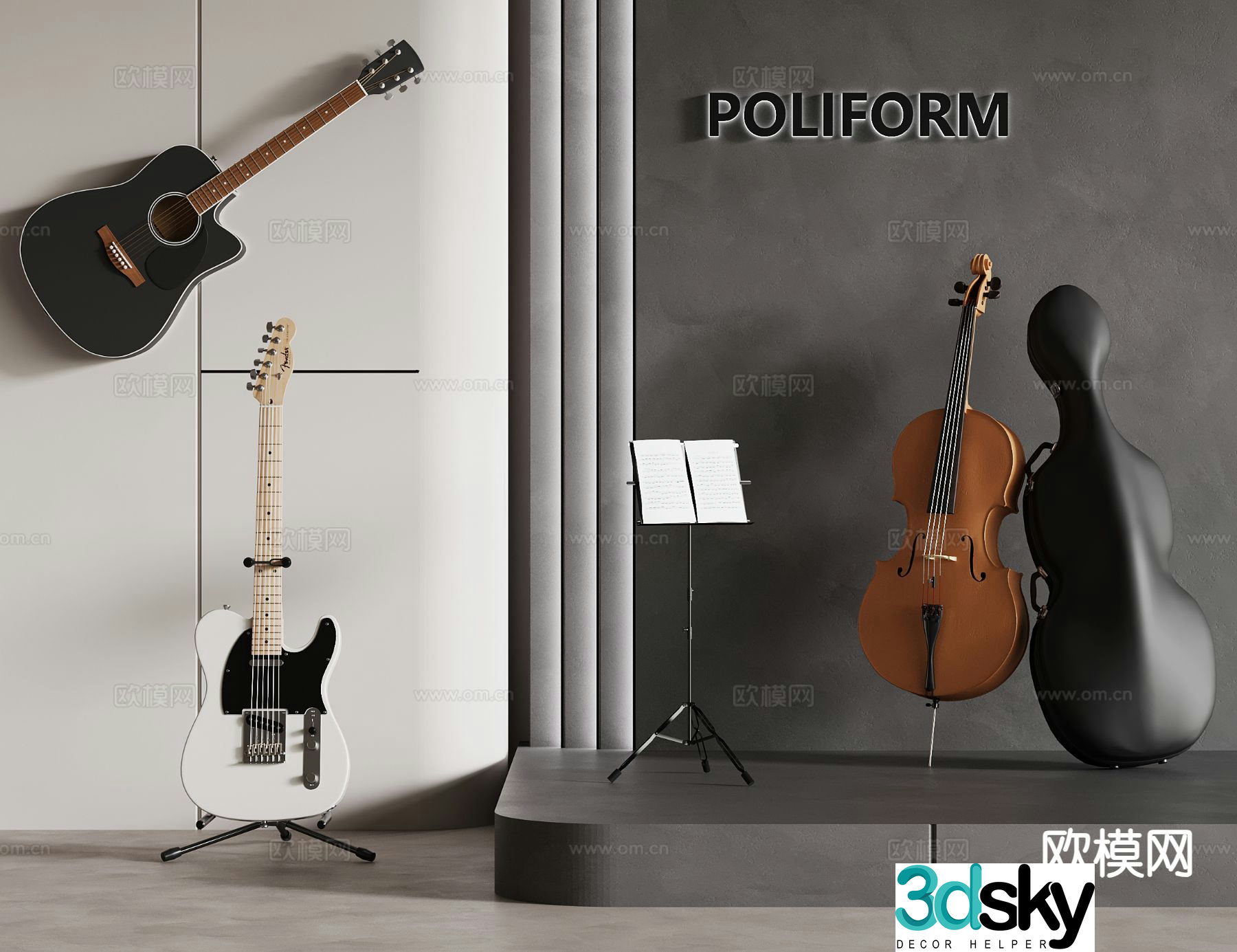 Modern musical instruments electric guitar guitar cello music stand 3d model
