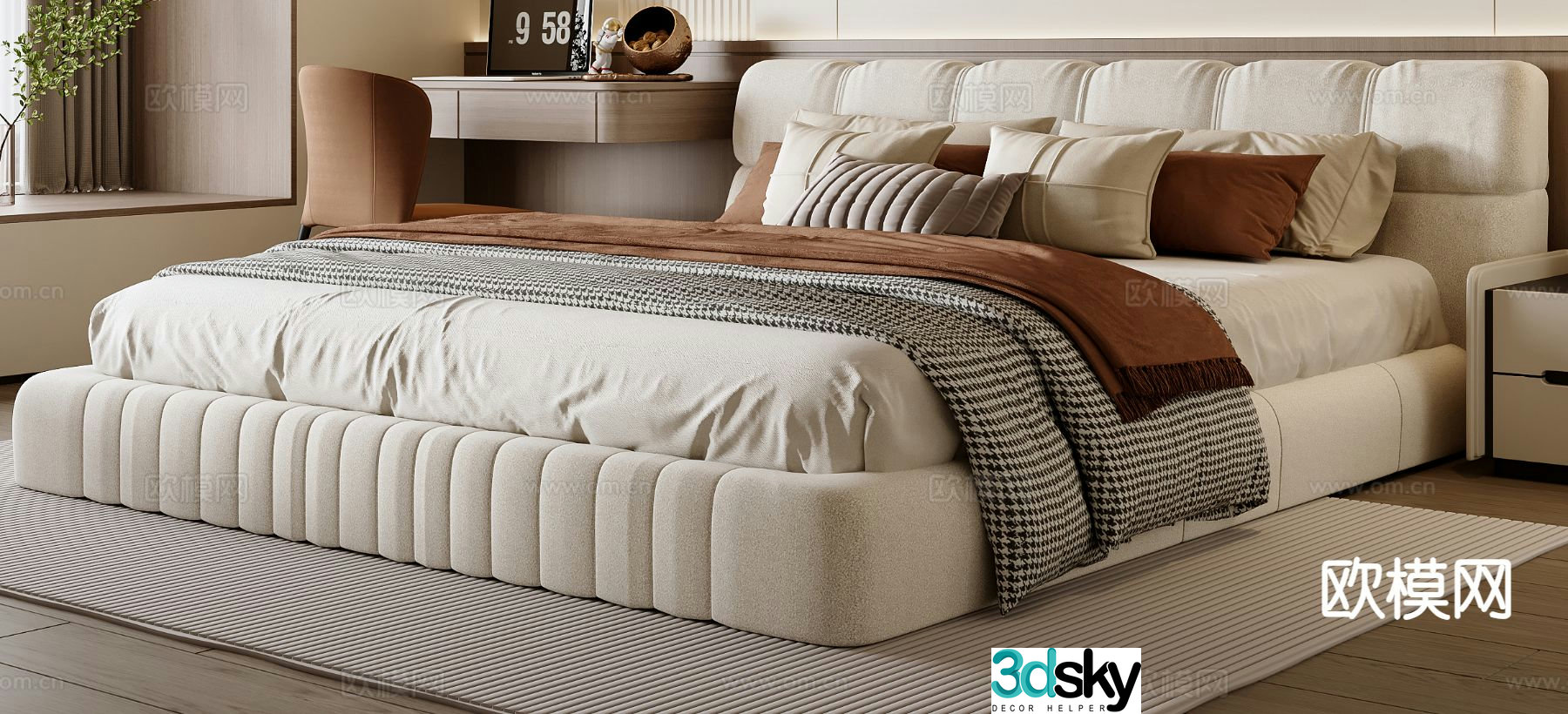Cream style double bed 3d model