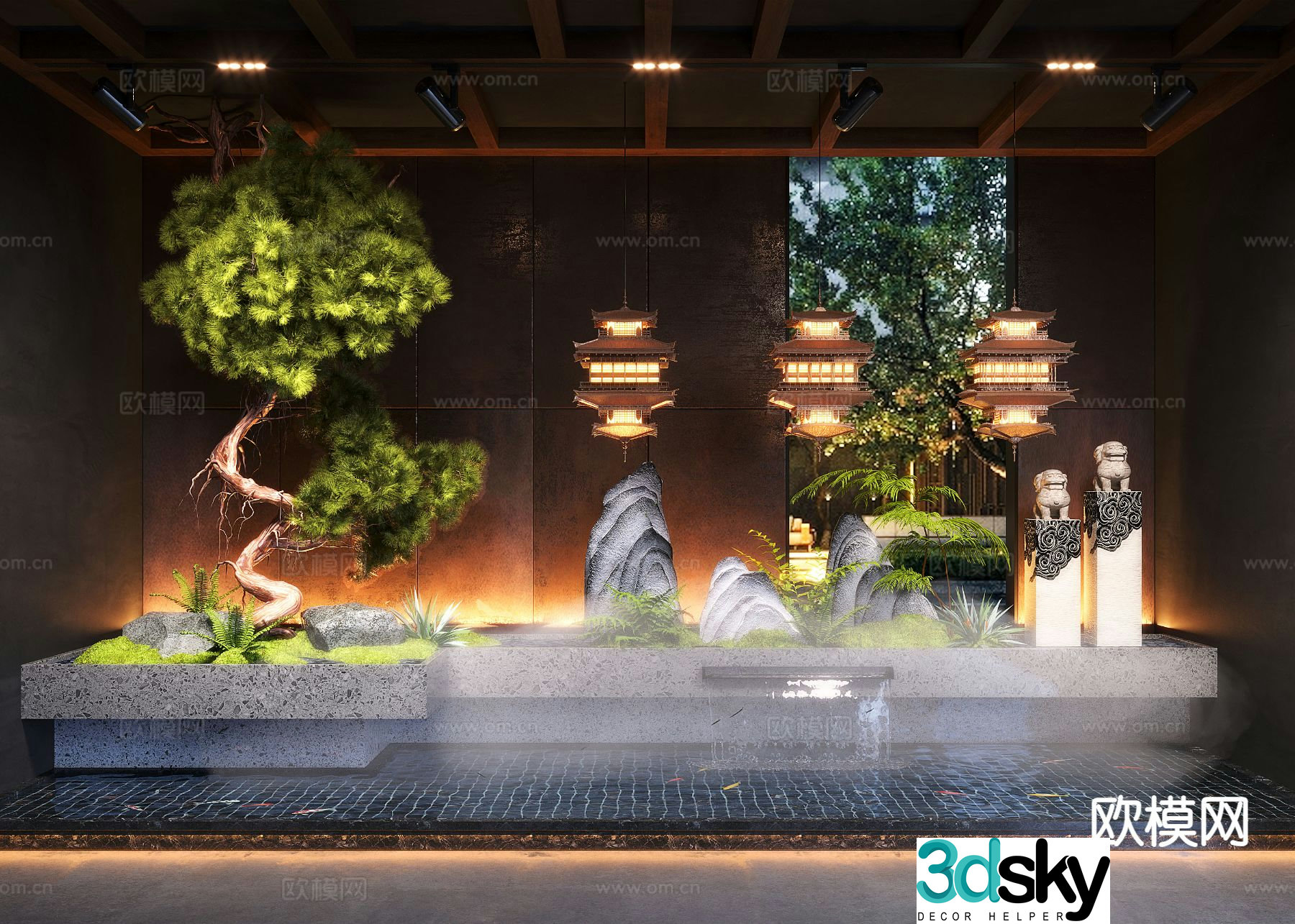 New Chinese style indoor landscaping 3D model