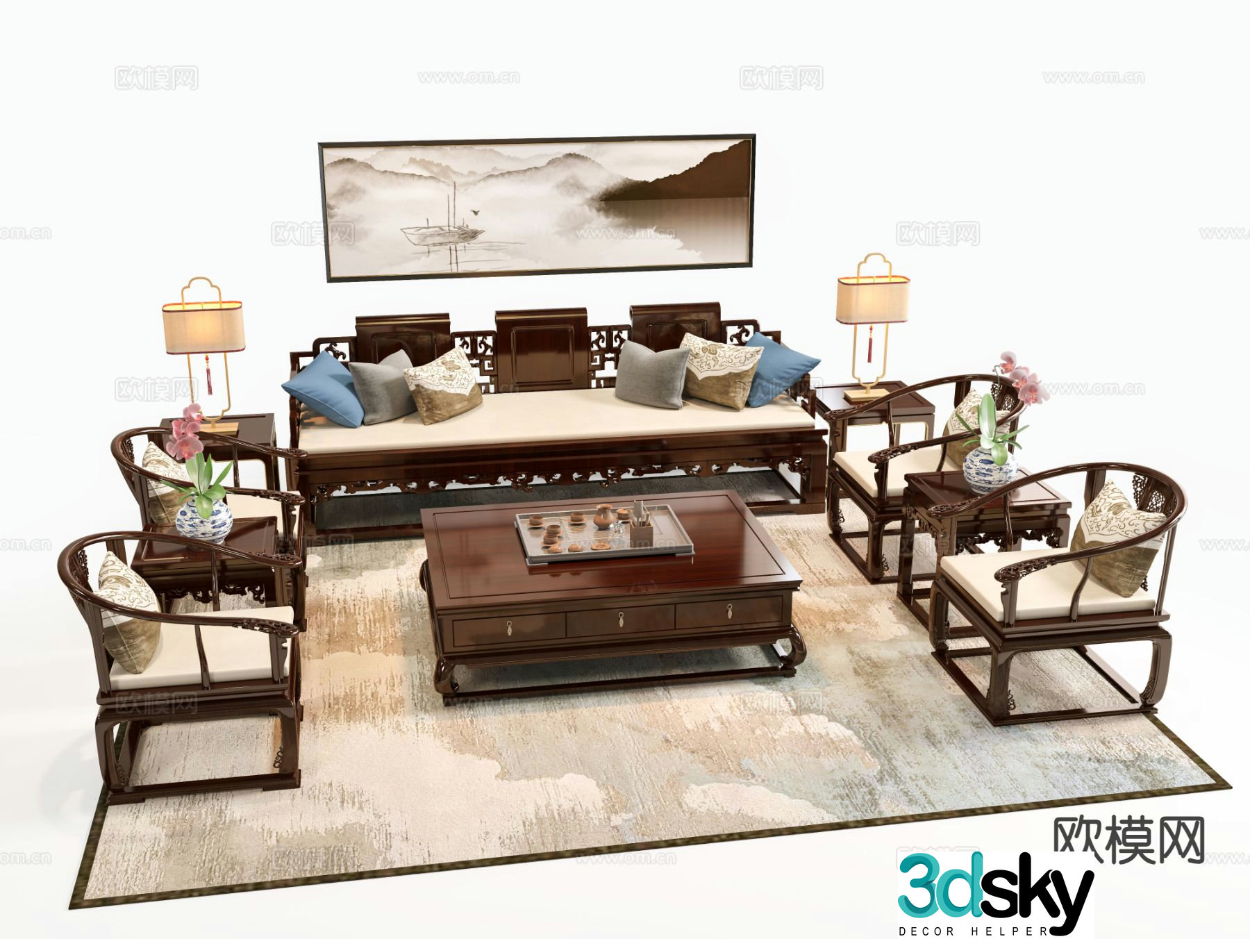 Chinese style modular sofa walnut sofa 3d model