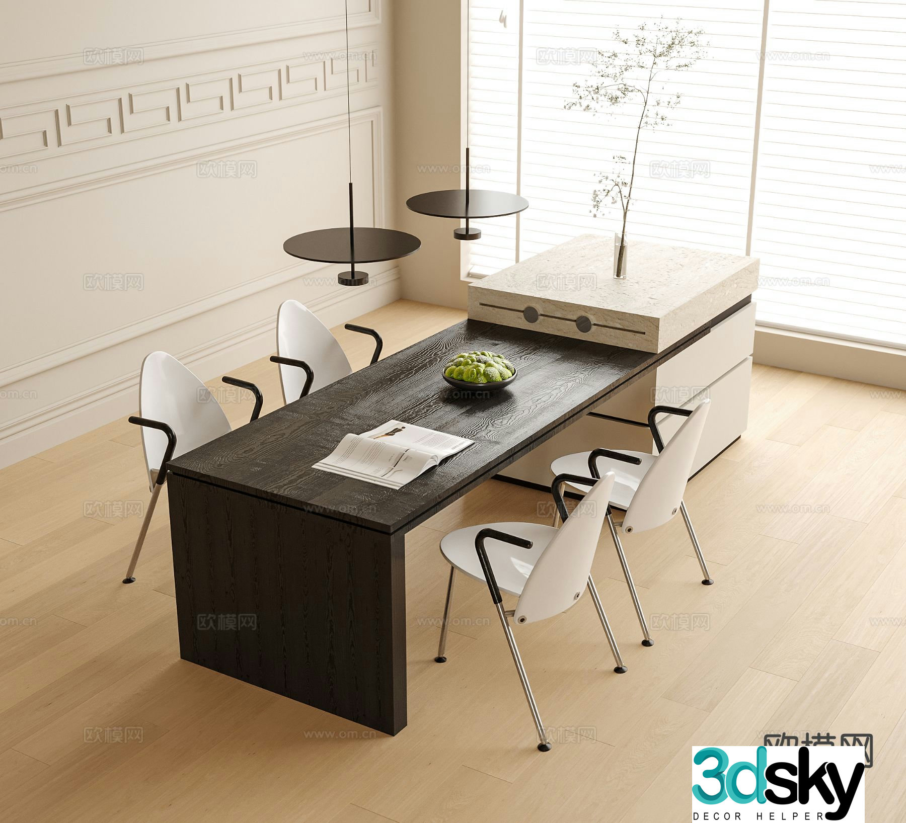 Modern island dining table and chairs 3d model