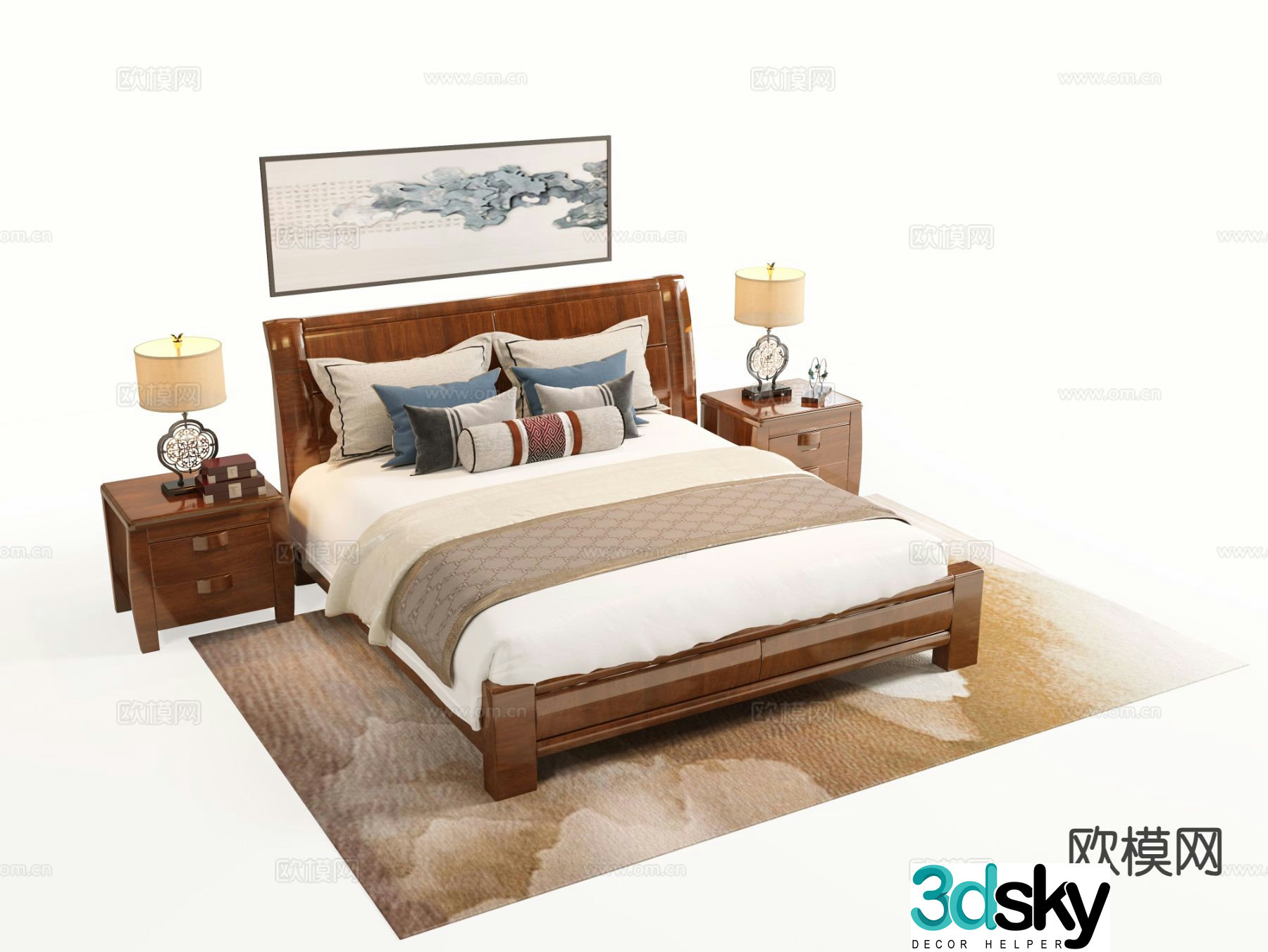 Chinese double bed solid wood double bed 3d model