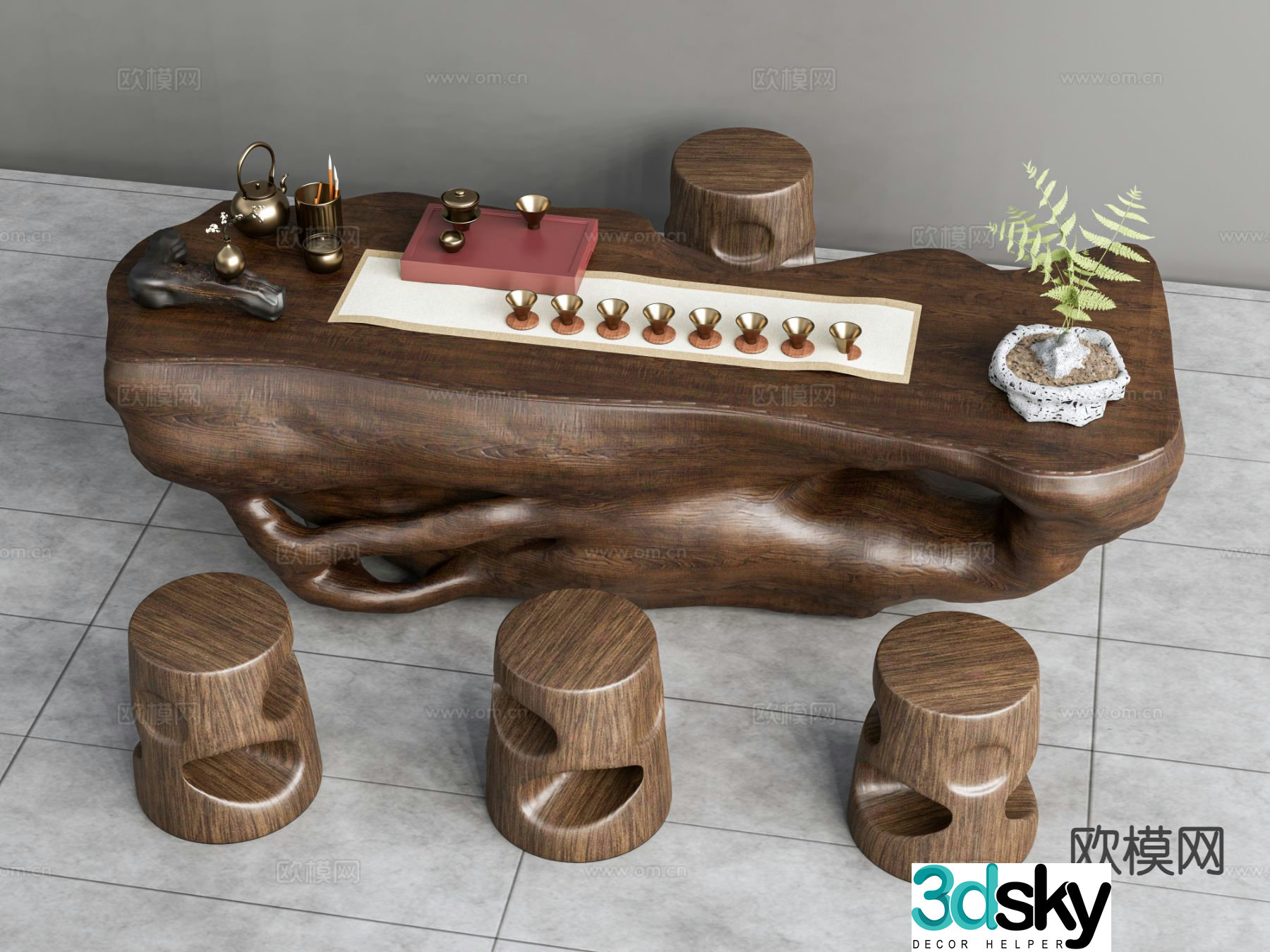 New Chinese style tea table root carving tea table and chair 3D model