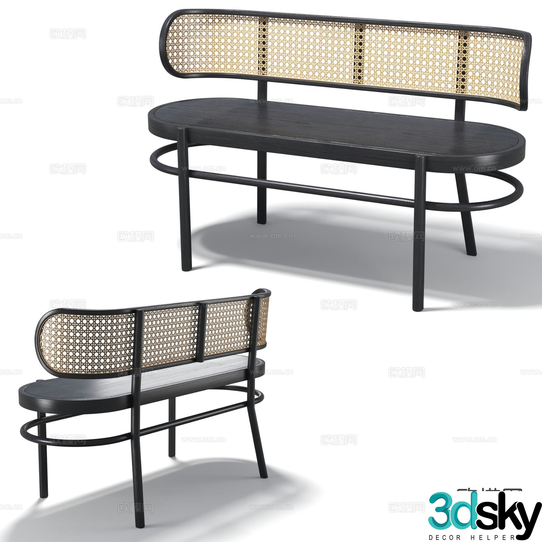 Medieval style bench rattan bench dining stool 3D model