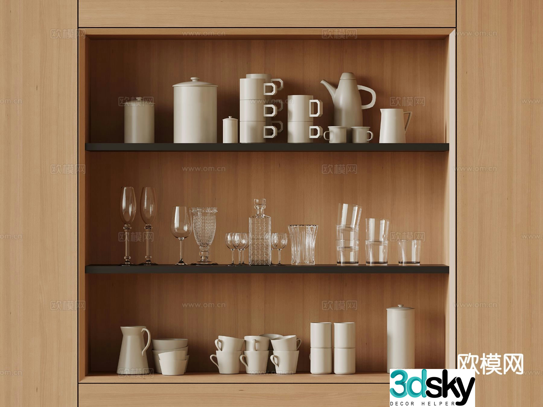 Kitchen supplies dishes cups kettle 3d model