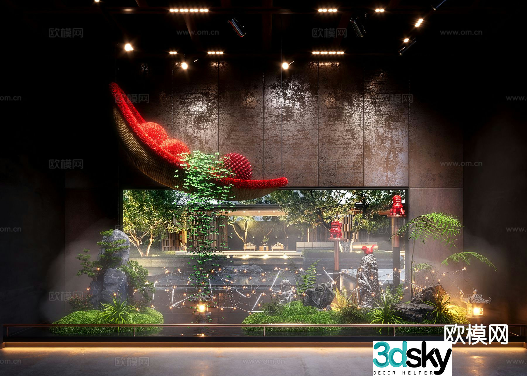New Chinese style interior landscape waterscape sketch 3D model