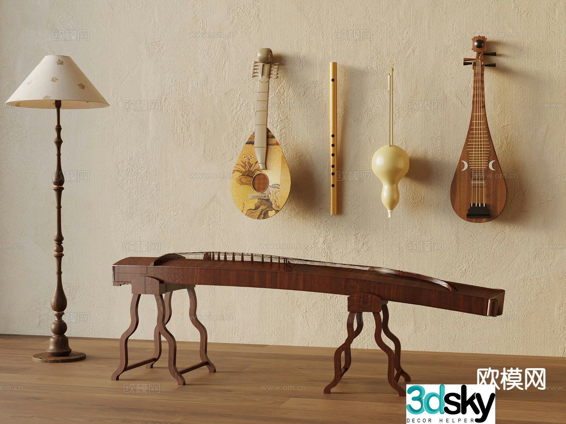 New Chinese style guzheng, pipa, traditional musical instrument 3d model