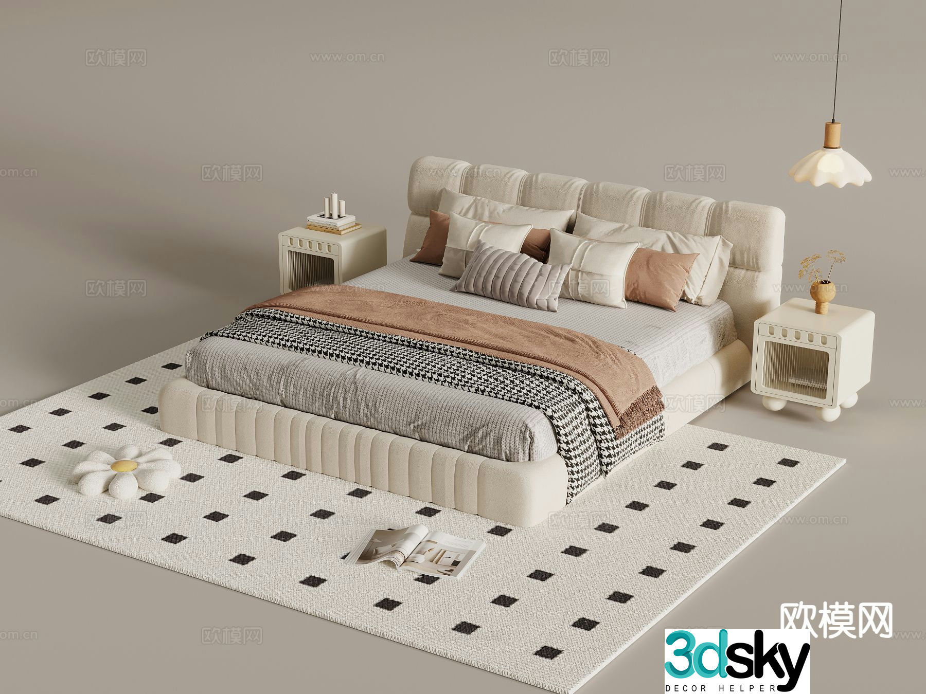 Cream style double bed 3d model