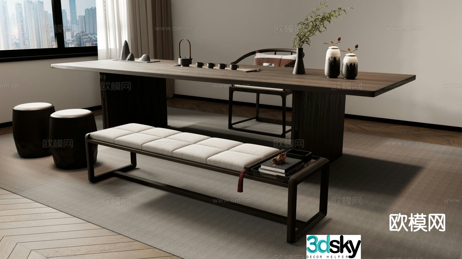 New Chinese style tea table and chairs tea making table 3d model