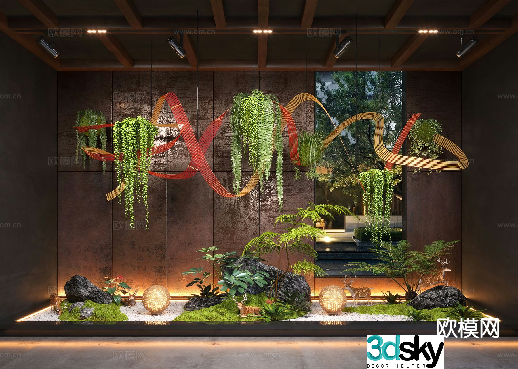 New Chinese style indoor landscaping bryophytes indoor landscape 3d model
