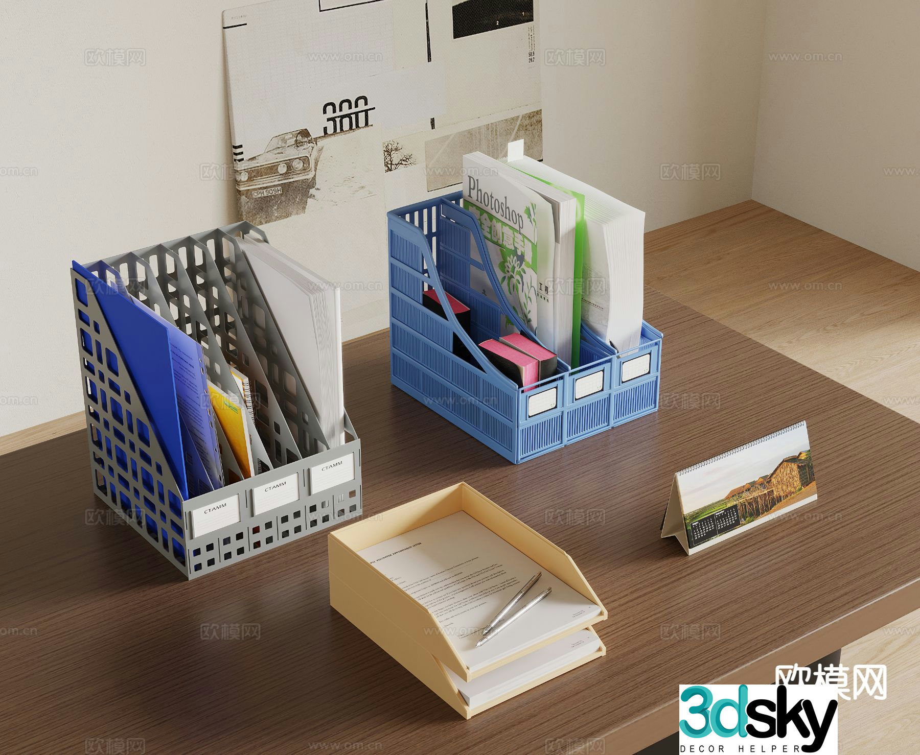Modern office supplies folder desktop book basket 3d model