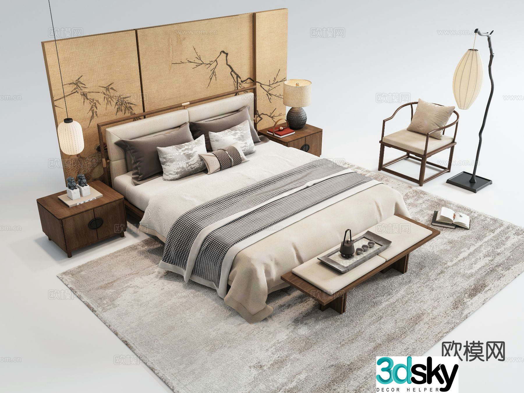 New Chinese style double bed 3d model