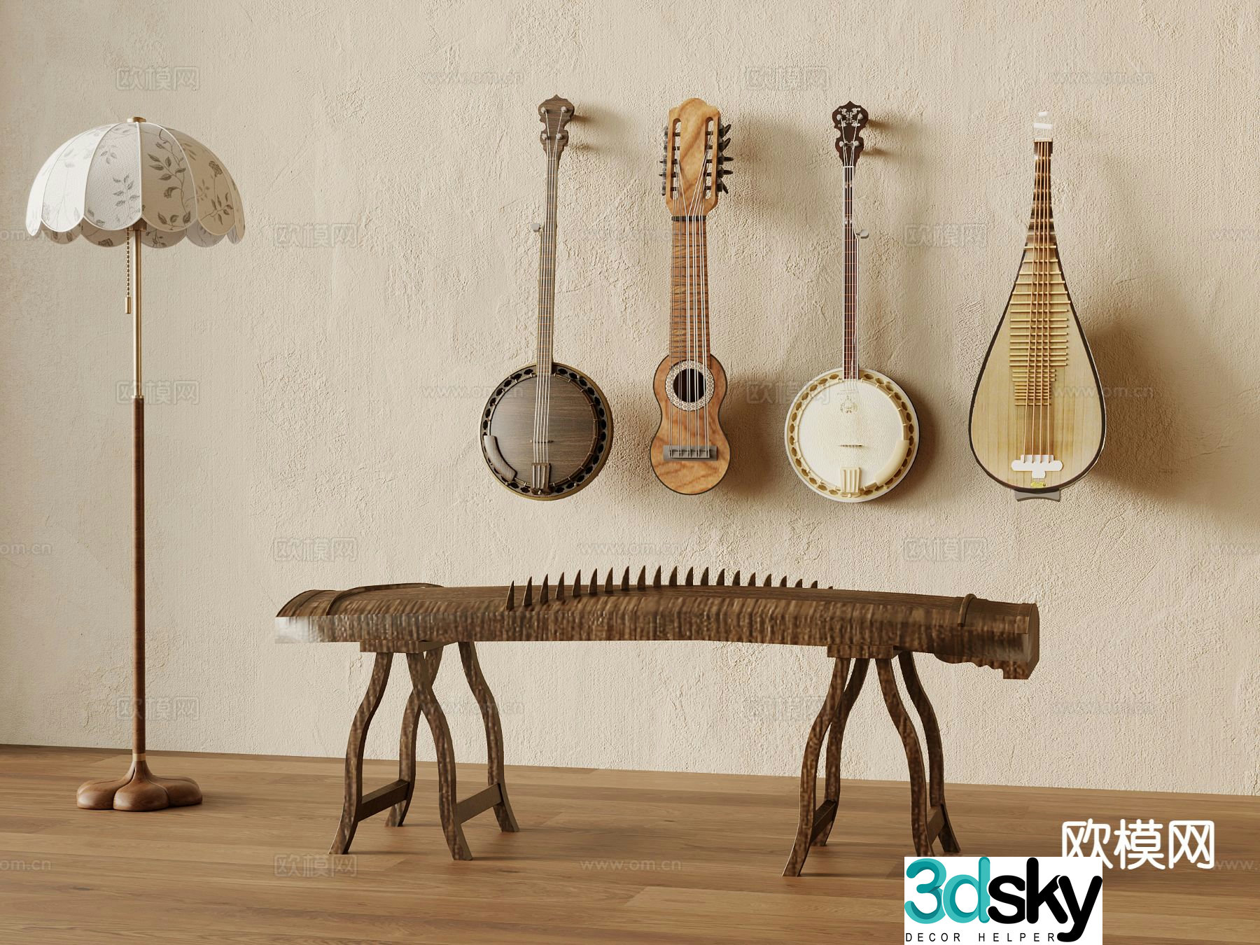 New Chinese style guzheng, pipa, traditional musical instrument 3d model
