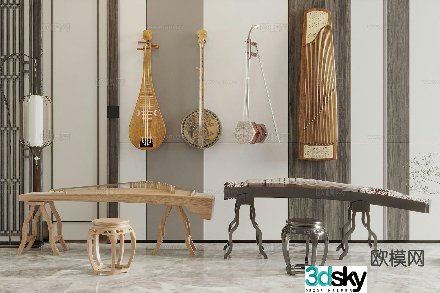 Chinese musical instrument guzheng pipa erhu 3d model