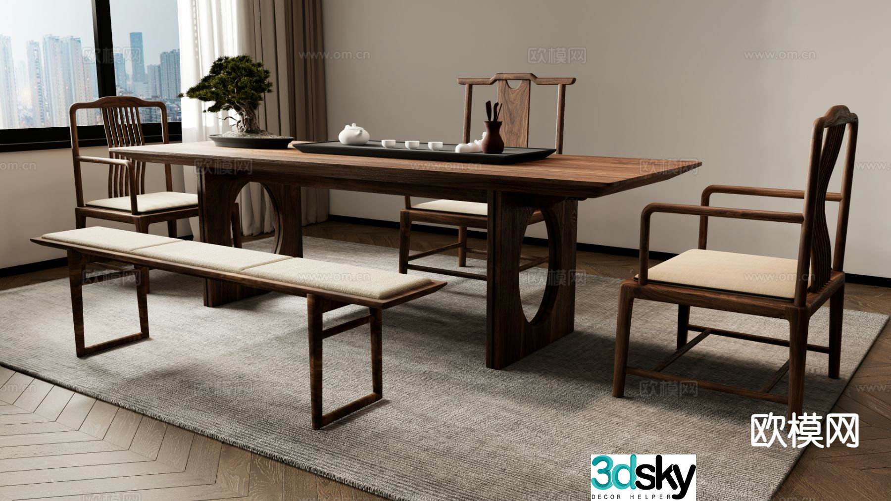 New Chinese style tea table and chairs tea making table 3d model