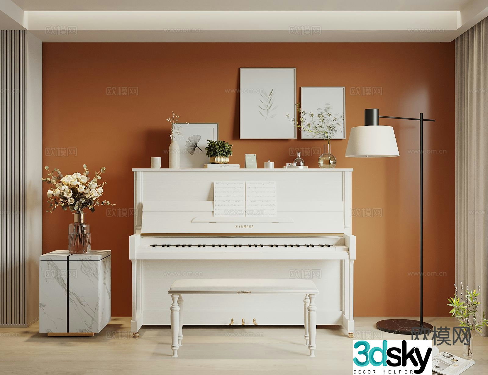 Cream style piano upright piano 3d model