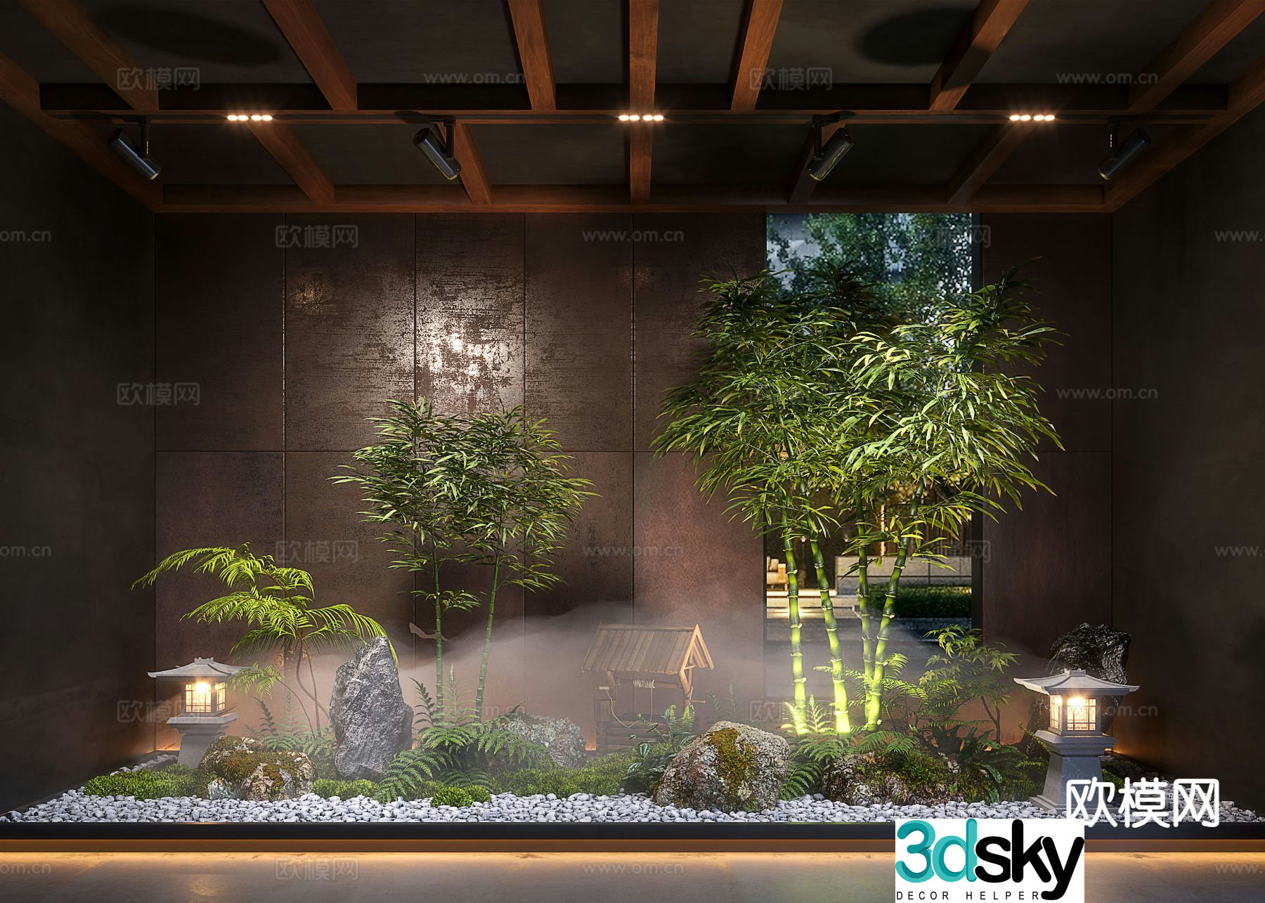 New Chinese style indoor landscaping landscape plants water features 3D model