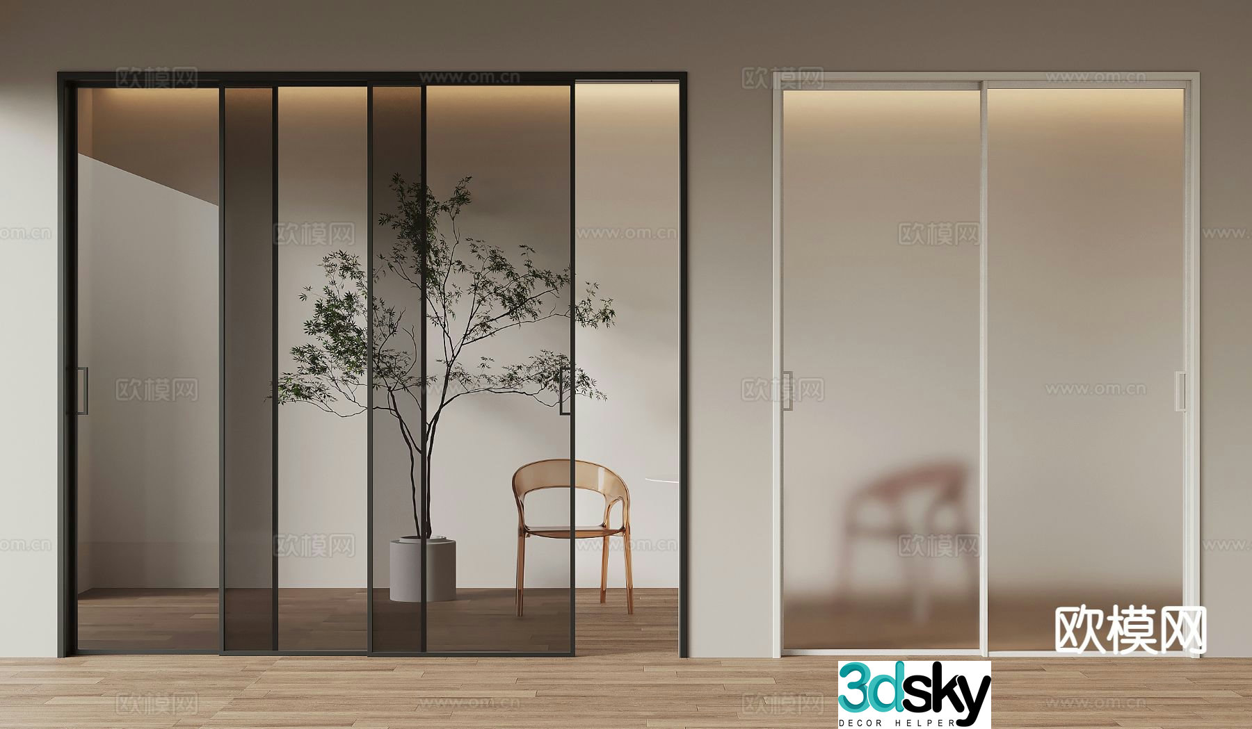 Modern glass sliding door triple-link sliding door oil sand glass 3D model