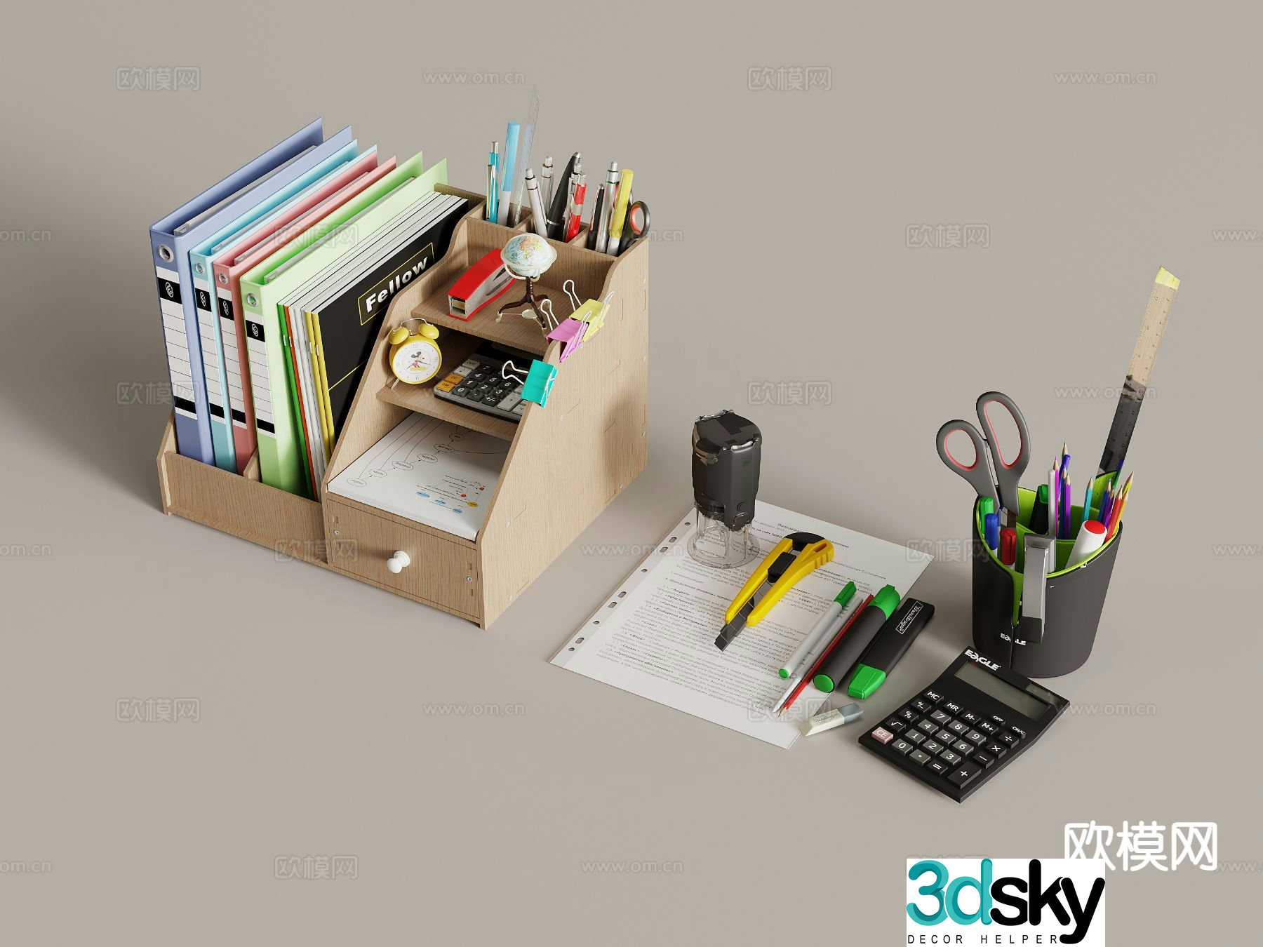 Modern office supplies bookshelf books pen holder tools 3d model