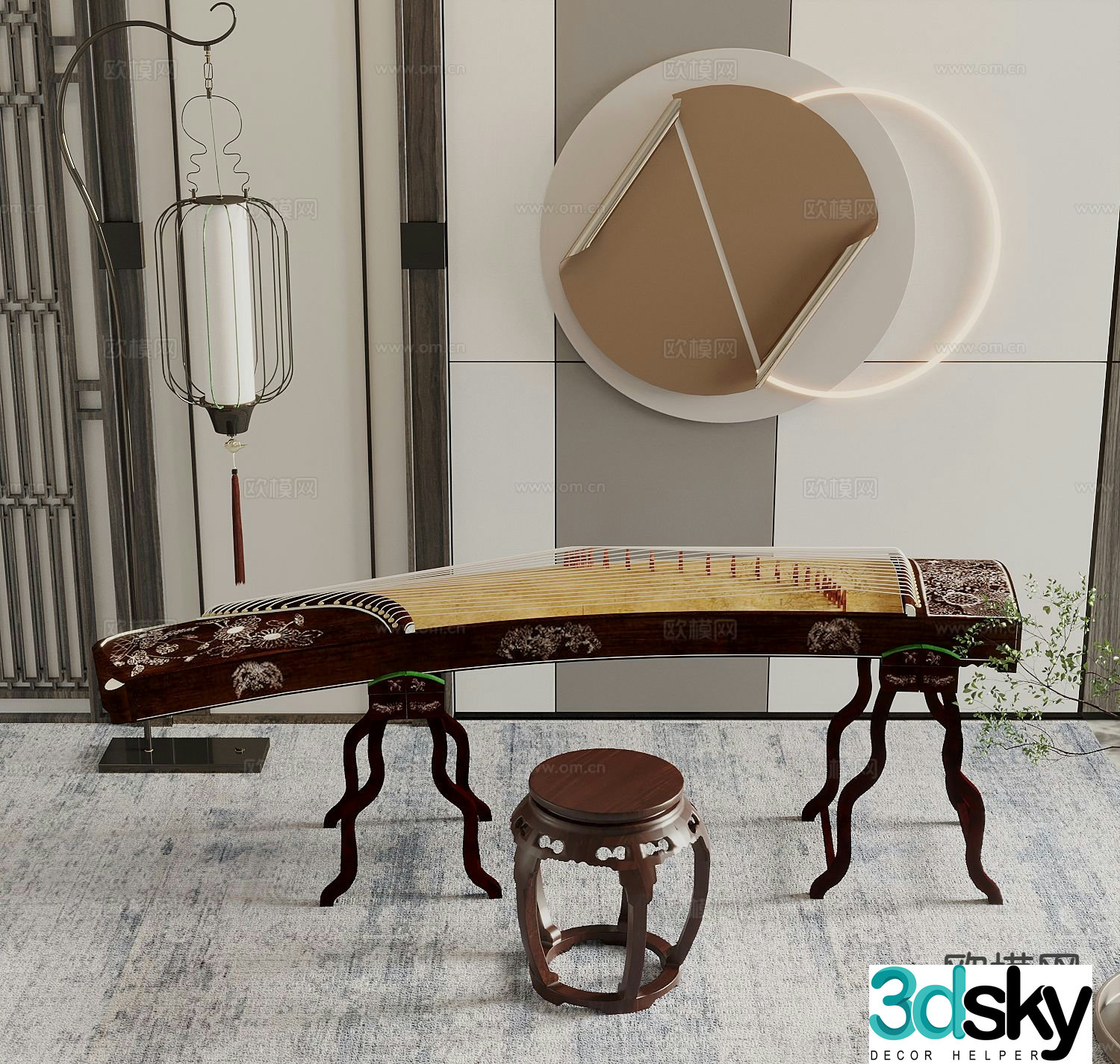 Chinese musical instruments Guzheng floor lamp 3d model