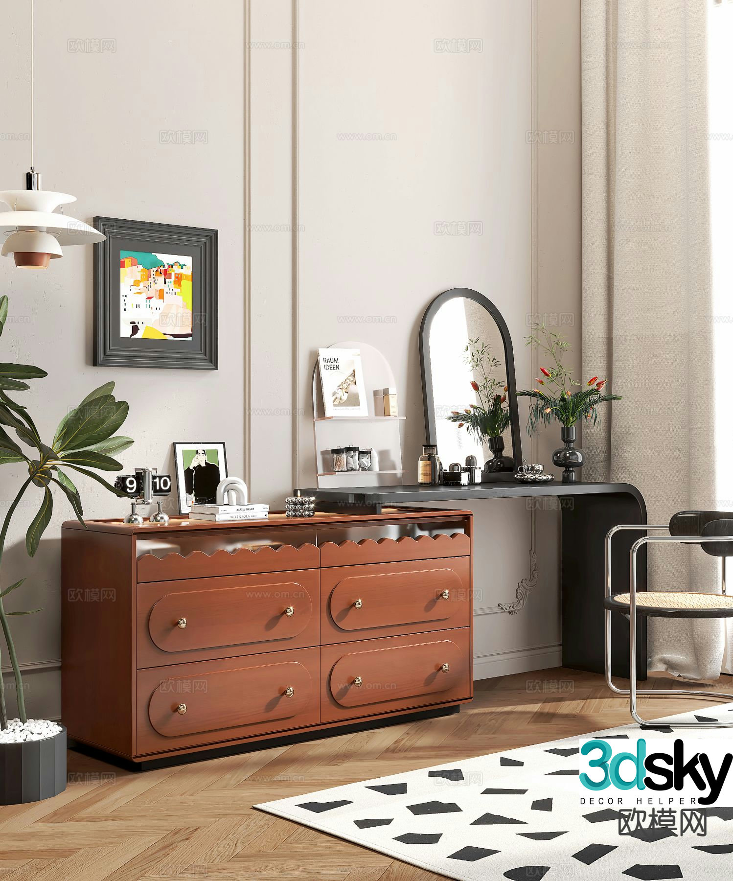 Medieval style dressing table and storage cabinet integrated 3D model